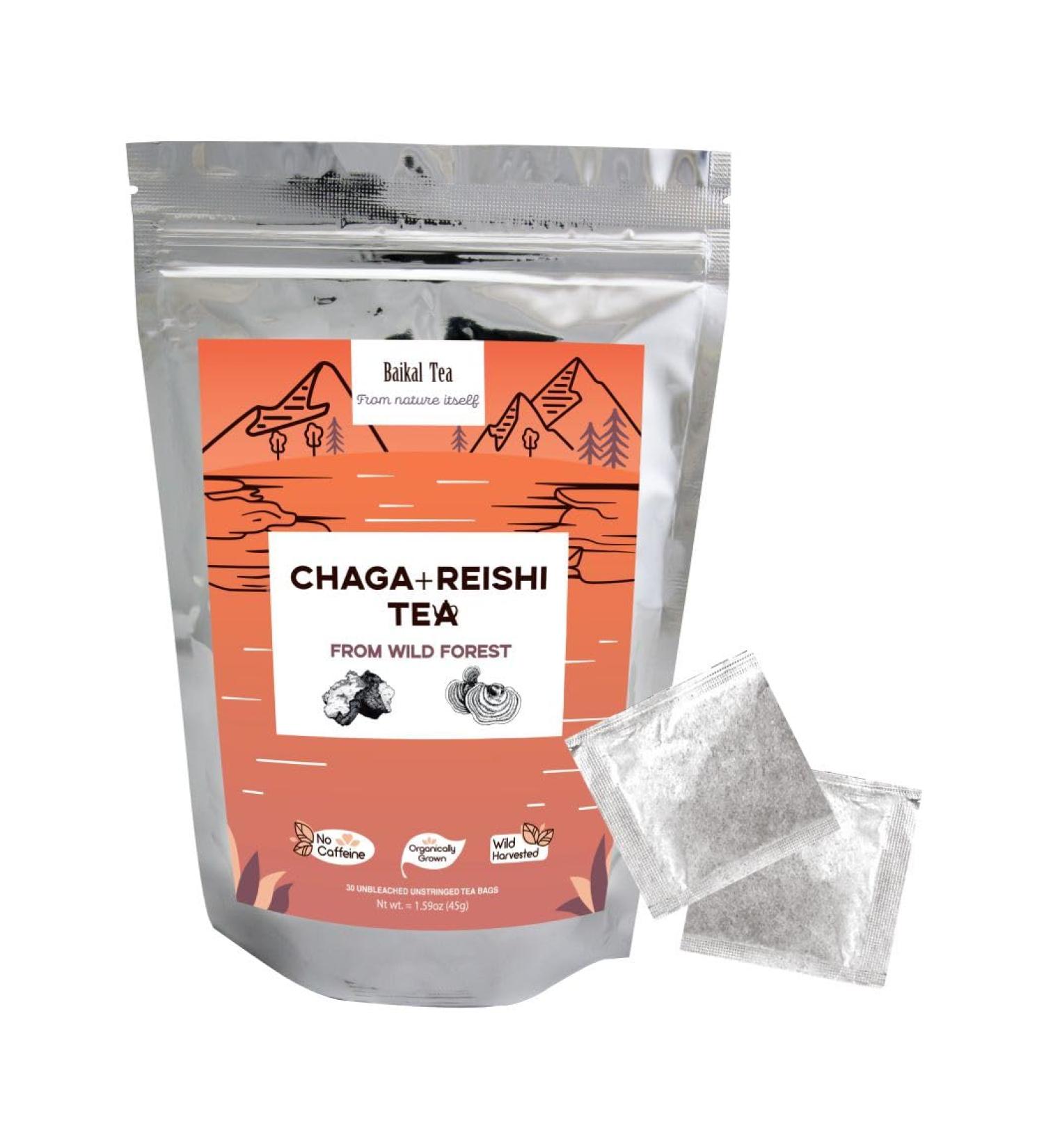 Baikal Tea Wild Chaga & Reishi Adaptogenic Mushrooms from Baikal Lake - 30 Unbleached Tea Bags - Ganoderma Lingzhi Mushroom Supplement Blend - Hand-picked - Buy Online on GoSupps.com