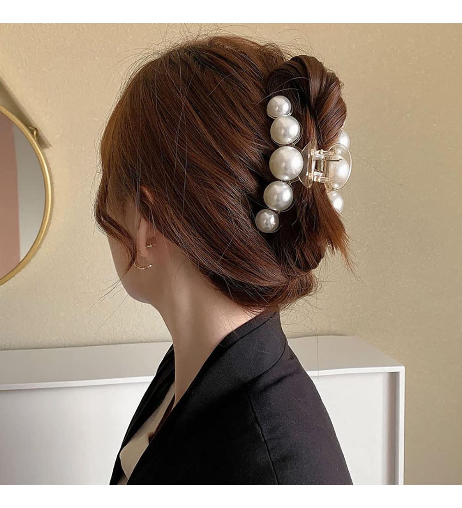 Geometric Pearl Rhinestone Hair Claw Clip - Elegant Acrylic Hairpin for Women | Large Size Hair Accessory Barrette | White Pearl Crab Decoration - 1Pcs - Buy Online on GoSupps.com