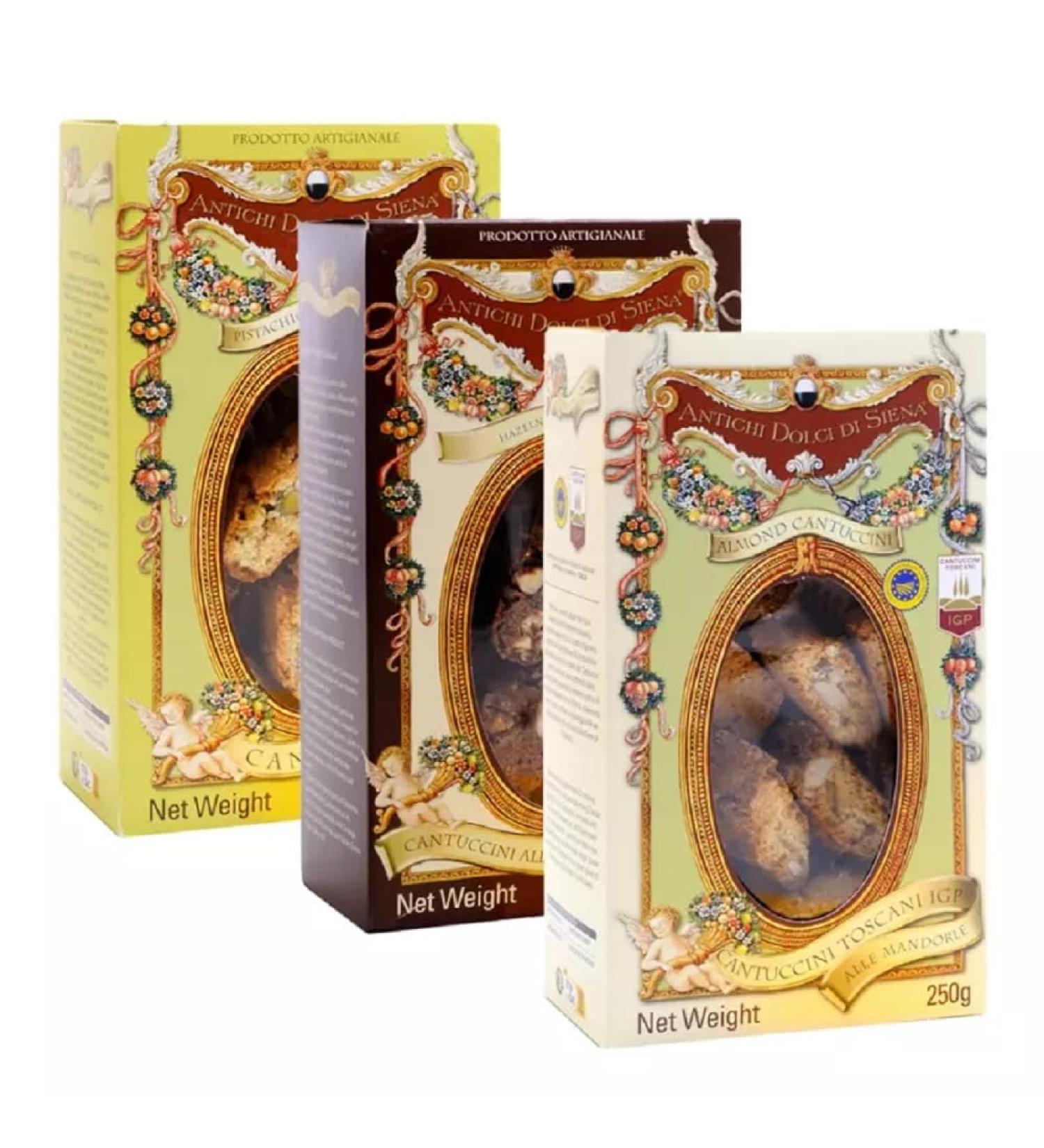 Antichi Dolci di Siena Trio Cantuccini of Siena: Tuscans PGI Pistachio Hazelnut and Cocoa 250g x 3