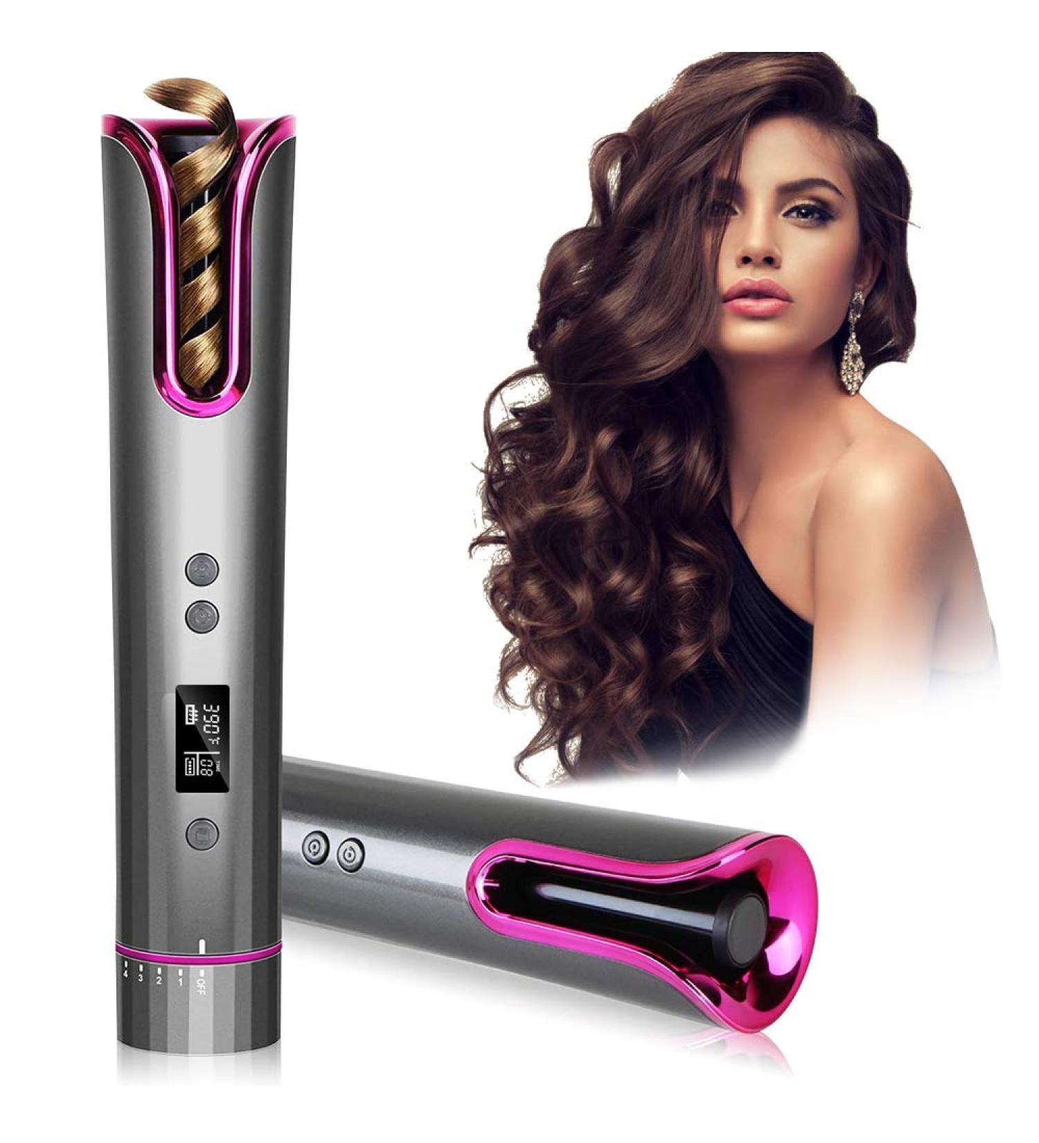 Cordless Automatic Hair Curler with LCD Display and Timer - Rechargeable Curling Iron with Auto Shut-Off (Black) - Buy Online on GoSupps.com