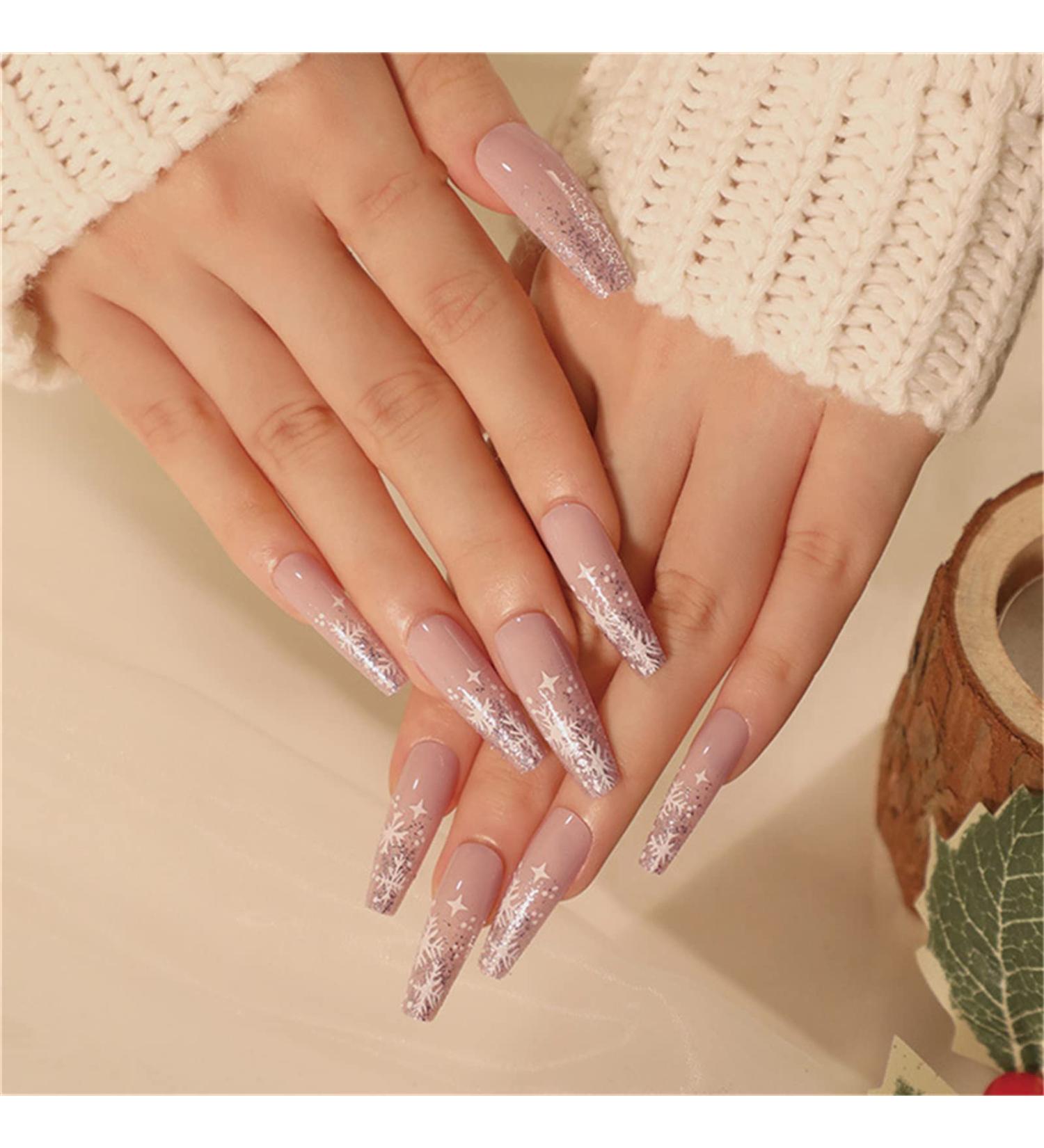 Short Fake Nail Full Cover with Glue Detachable Snowflakes Pink Christmas Press on Nails 24 Pieces Finger Nail Art Tips for Nail Salons and Women DIY Nail Art - Buy Online on GoSupps.com