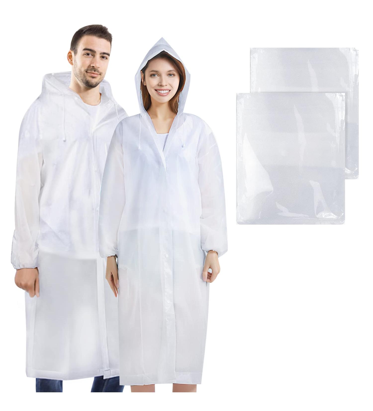BFONS 2 Pcs Reusable White EVA Rain Ponchos for Adults | Waterproof Rain Coats for Camping, Hiking & Travel | Drawstring Hood & Sleeves | Men & Women - Buy Online on GoSupps.com