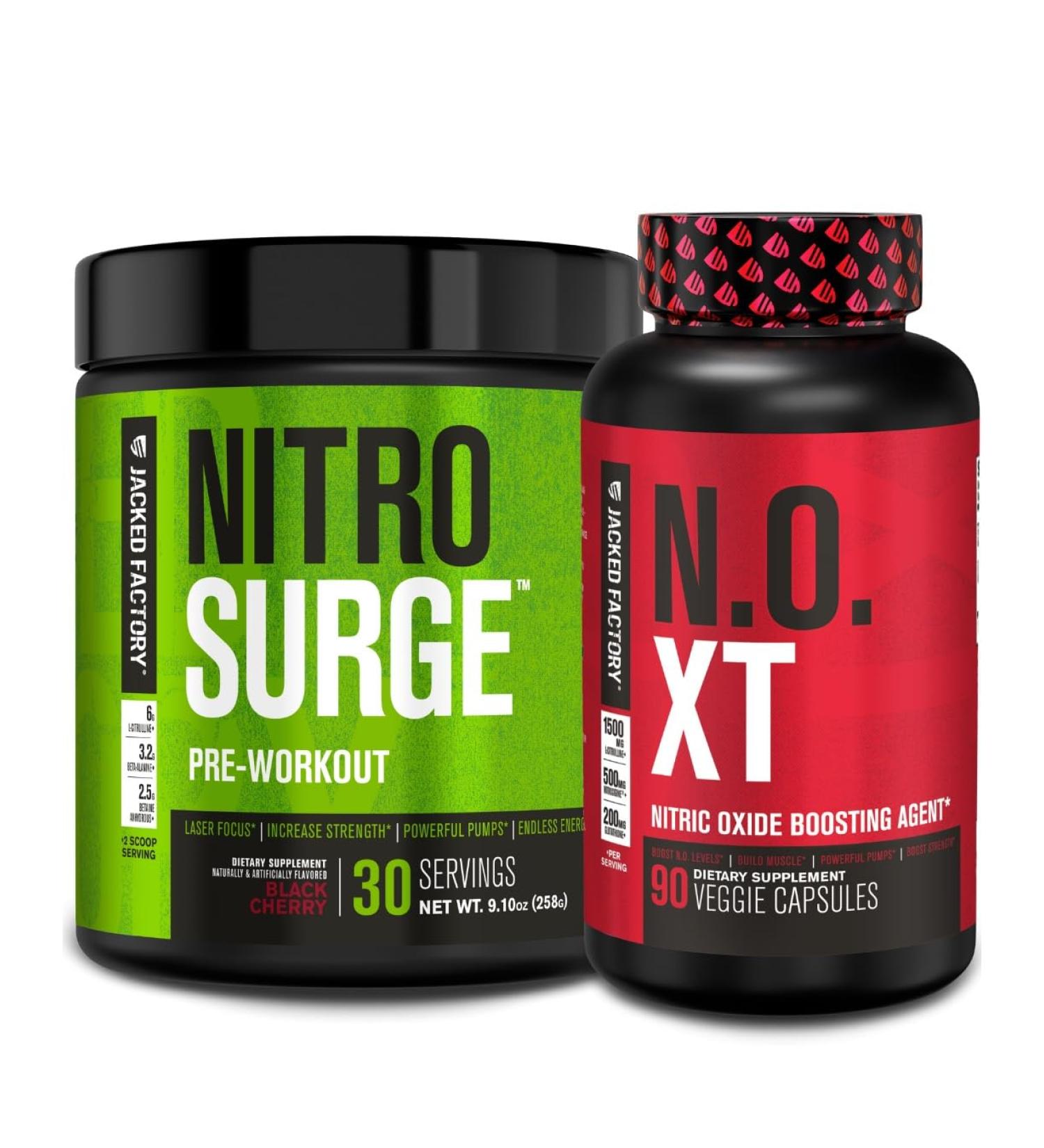 Jacked Factory Nitrosurge Pre-Workout in Black Cherry & N.O. XT Nitric Oxide Booster for Men & Women - Buy Online on GoSupps.com