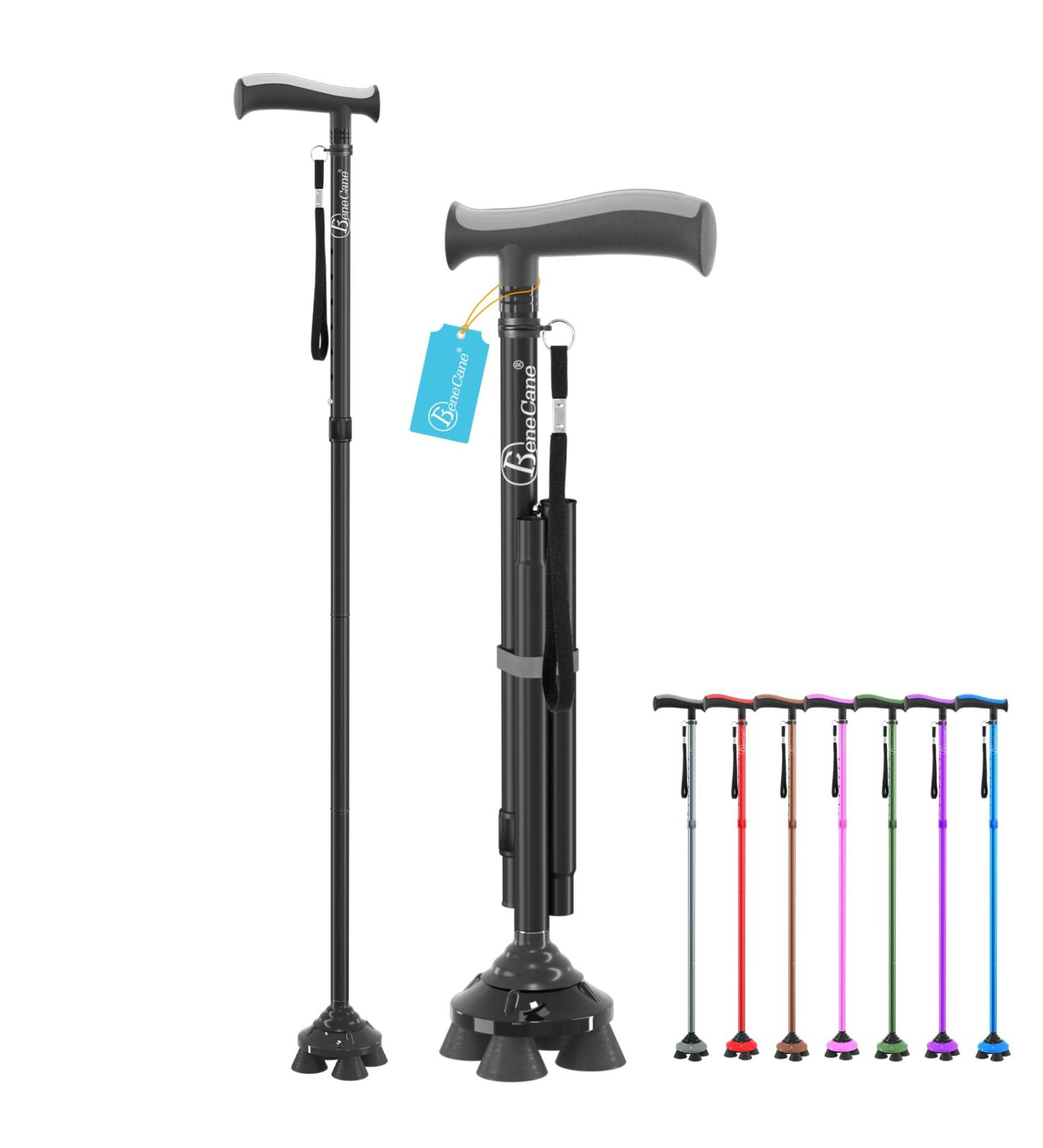 BeneCane Folding Quad Cane for Seniors - Lightweight Adjustable Walking Stick for Men & Women - Sturdy & Collapsible with T-Handle and Travel Bag - Buy Online on GoSupps.com
