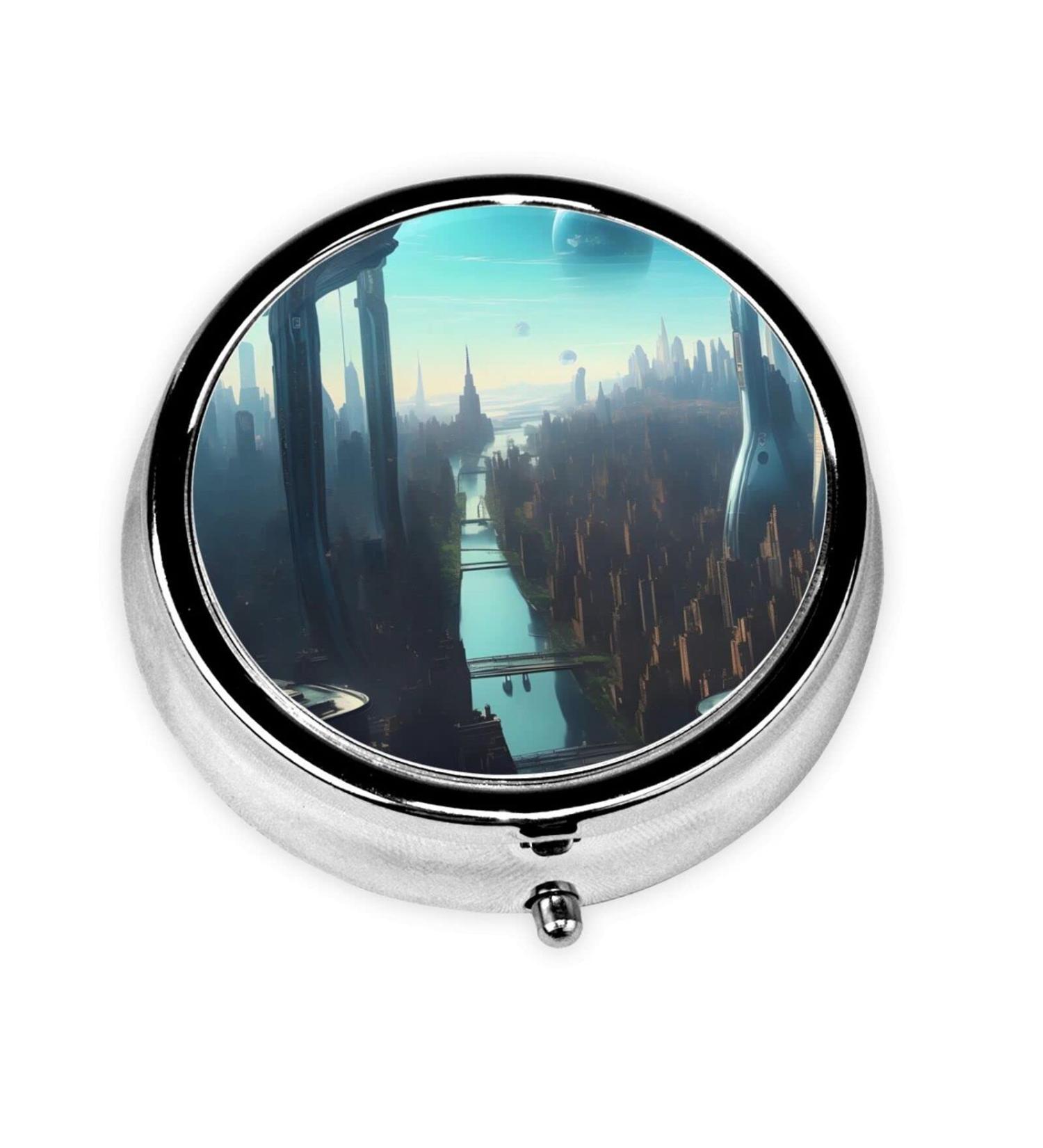 Cities of the Future Round Pill Box - 3 Compartment Portable Organizer for Travel - Ideal Travel Pill Storage - Buy Online on GoSupps.com