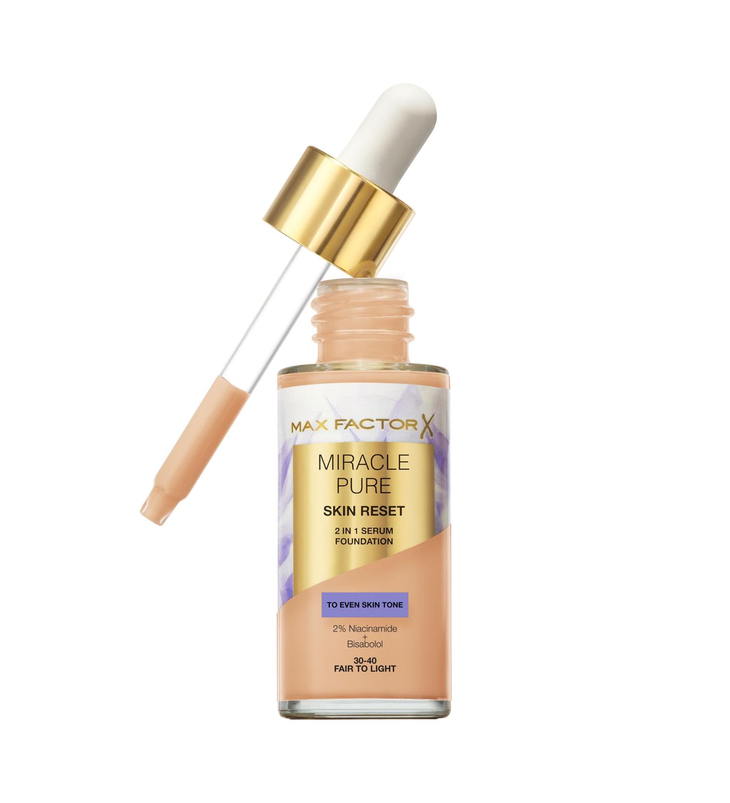 Coty Beauty Germany Max Factor Miracle Pure Skin Reset Foundation 2in1 serum and liquid foundation natural coverage with matte finish reset complex color 3040 Fair to Light - Buy Online on GoSupps.com