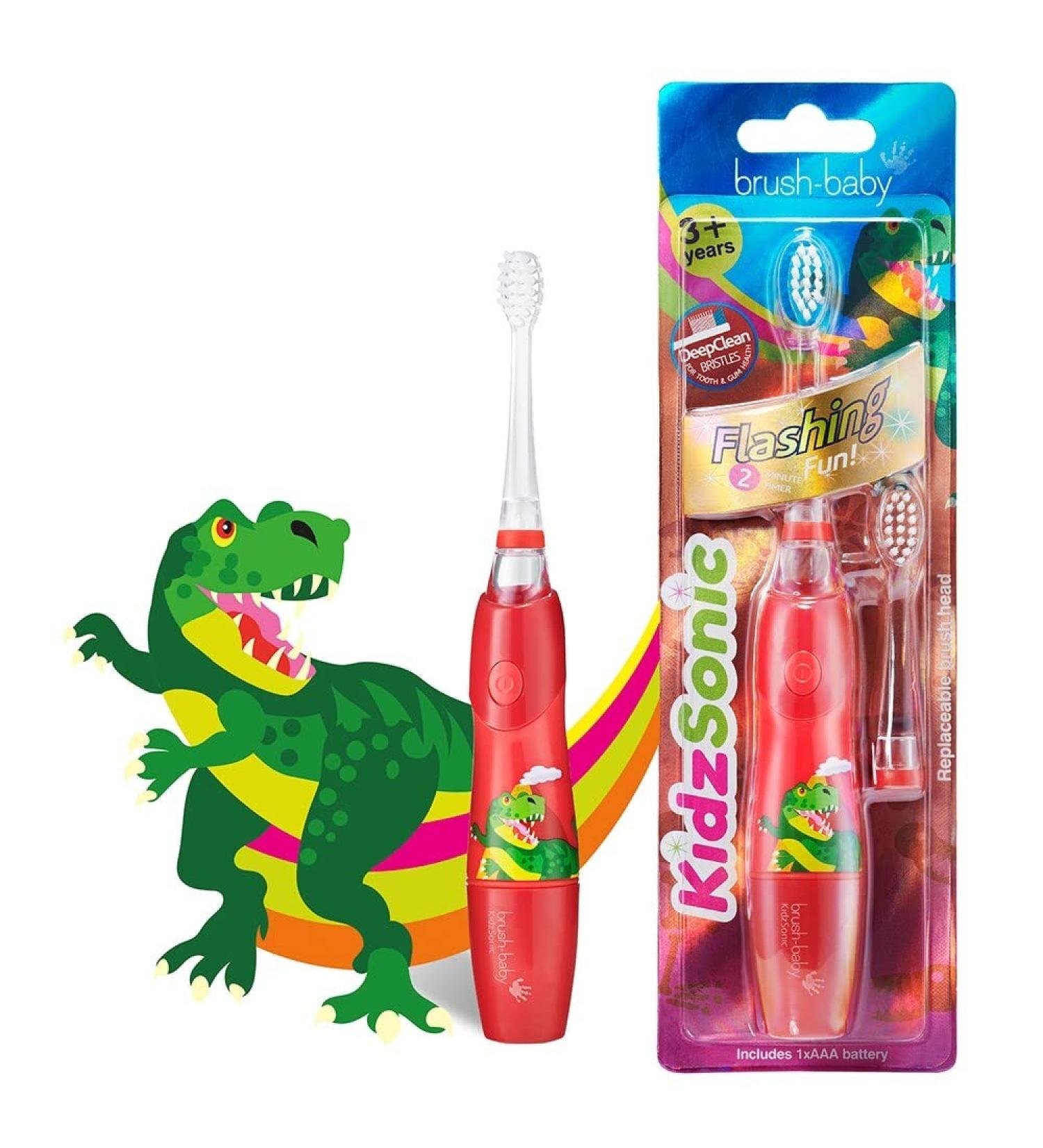 Brush Baby KidzSonic Electric Toothbrush for Kids 3+ - Fun Dino Design, Lights & Timer - Buy Online on GoSupps.com
