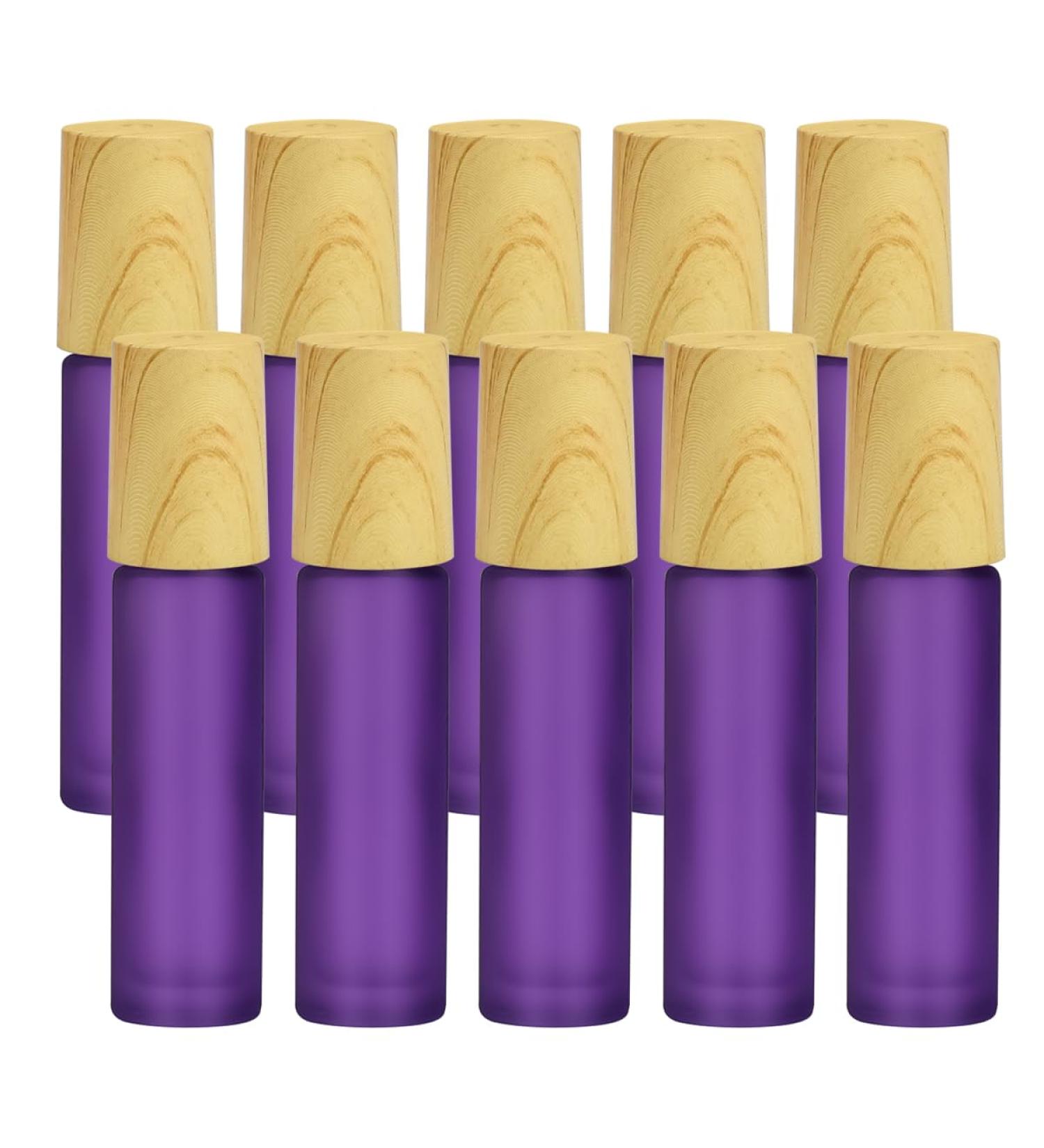 10pcs Purple Frosted Glass Essential Oil Roller Bottles - 10ml Empty Perfume Bottles with Stainless Steel Roller Balls and Wood Grain Cap (Purple) - Buy Online on GoSupps.com