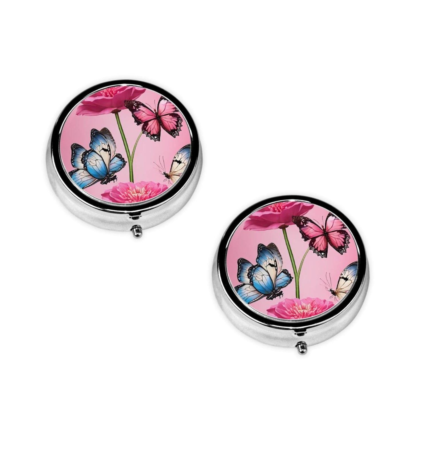 Beautiful Butterfly Round Pill Box - 3 Compartment Mini Decorative Pocket Organizer for Travel & Vitamins - Buy Online on GoSupps.com