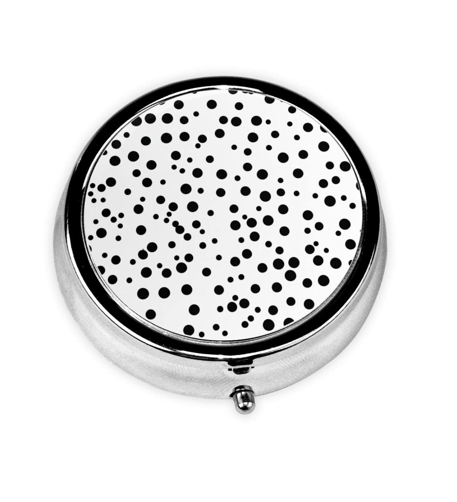 Black & White Polka Dot Round Pill Box - 3 Compartment Travel Organizer | Portable Pill Storage for Travel - Buy Online on GoSupps.com