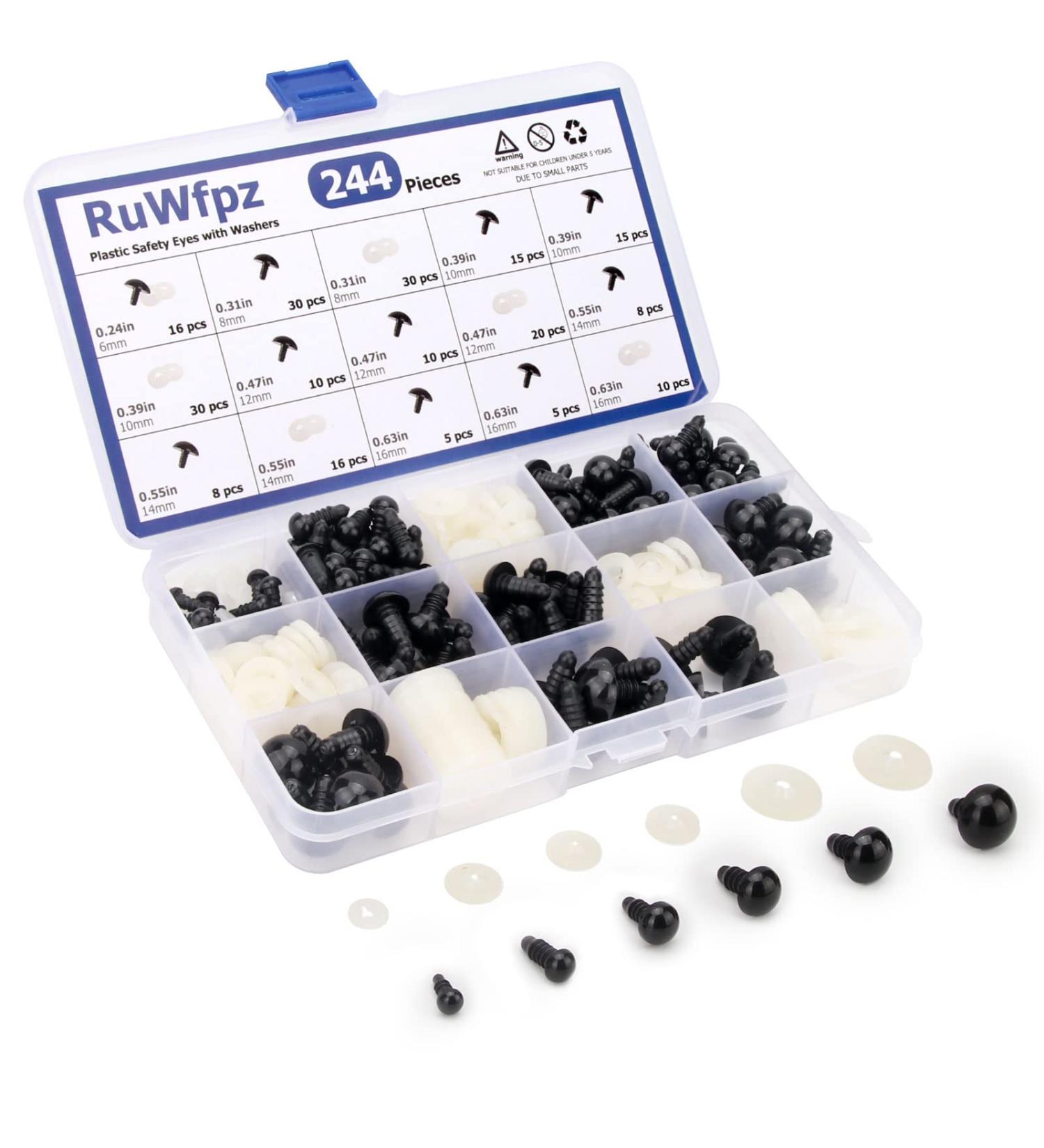 244Pcs Black Plastic Safety Eyes for Amigurumi Crochet - 6-16mm Stuffed Animal Eyes with Washers - 6 Sizes for Crafts, Dolls, Bears, Plush Animals - Buy Online on GoSupps.com