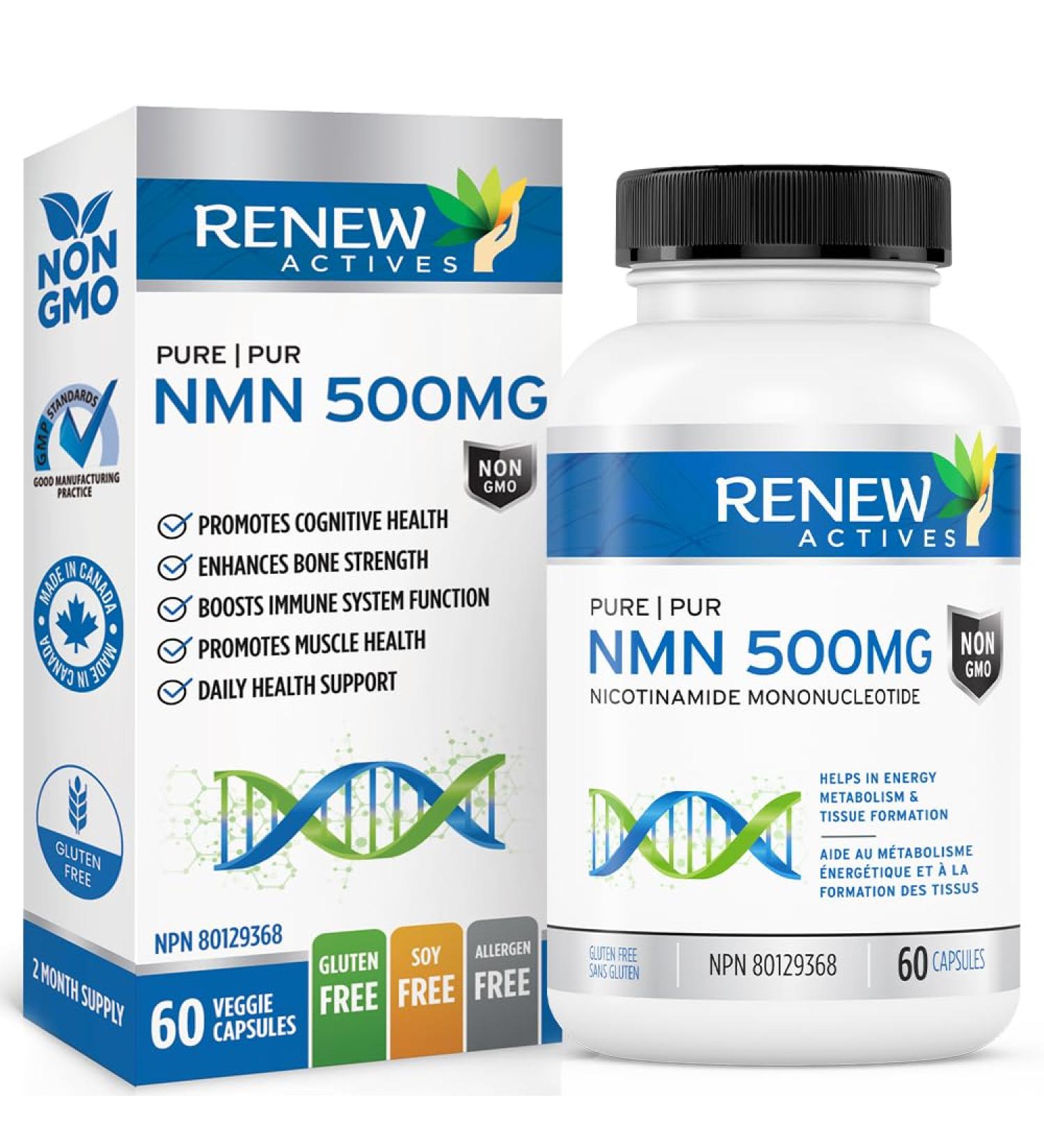 Renew Actives NMN 500MG Supplement - Highest Potency Available. Cellular Health Boosts NAD+ Promotes Longevity Energy Metabolism & Tissue Formation - 60 Capsules - Made in Canada - Buy Online on GoSupps.com