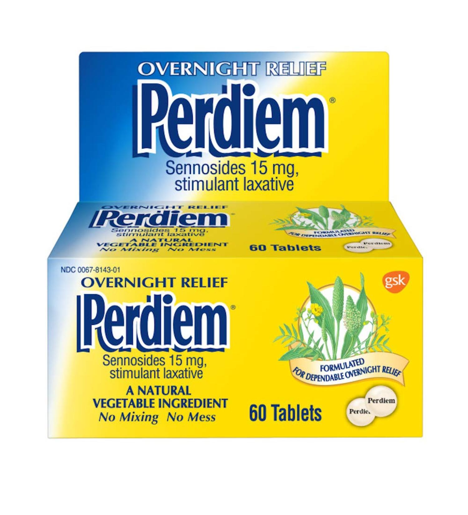 Perdiem Stimulant Laxative Tablets for Overnight Constipation Relief Natural Laxative Made with a Vegetable Ingredient - White Unscented 60 Count (Pack of 2)