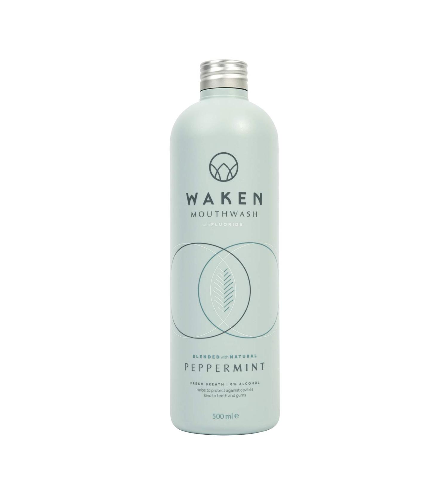 Waken Peppermint Mouthwash - 100% Natural, Alcohol-Free with Fluoride, Vegan & Sustainable, 500ml - Buy Online on GoSupps.com
