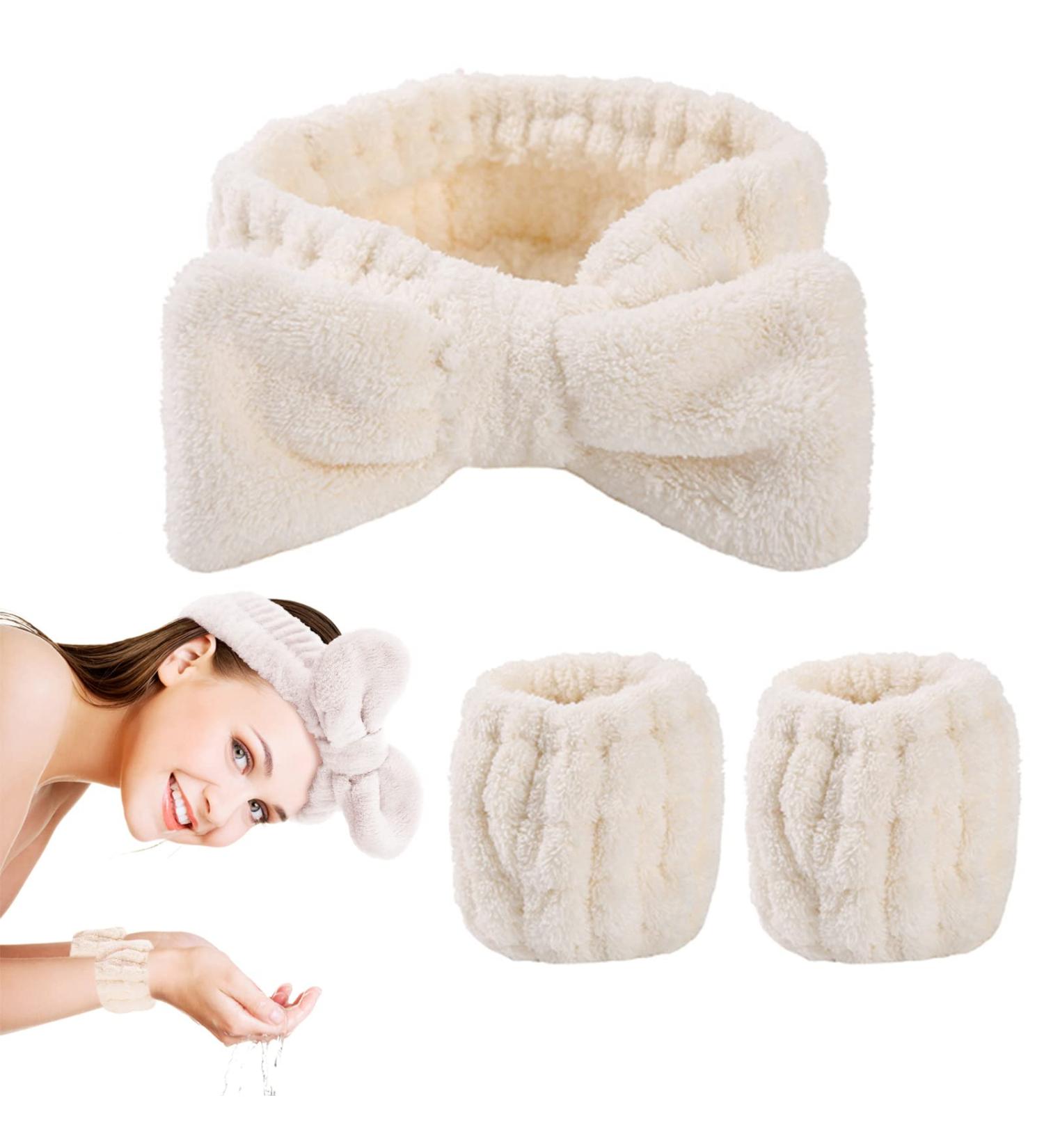 WLLHYF 3 Piece Spa Headband and Wristband Set for Women - White | Elastic Hair and Makeup Headbands to Prevent Spills - Buy Online on GoSupps.com