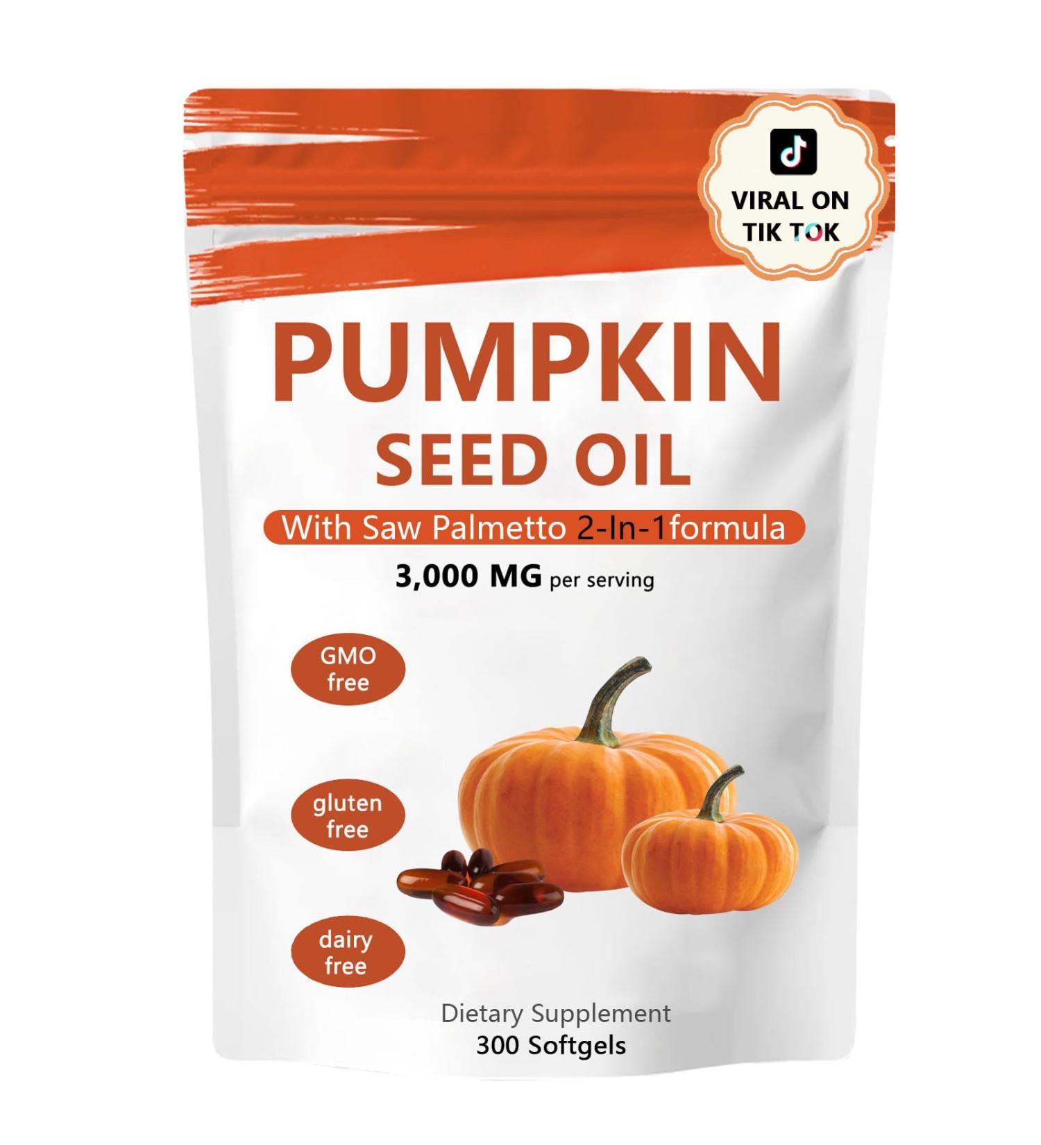 Pumpkin Seed Oil Capsules 2 in 1 Pumpkin Seed Oil with Saw Palmetto for Hair Growth 3000mg Per Serving Cold Pressed Supports Hair Heart Skin Supplement Non-GMO Gluten Free 300 Softgels - Buy Online on GoSupps.com
