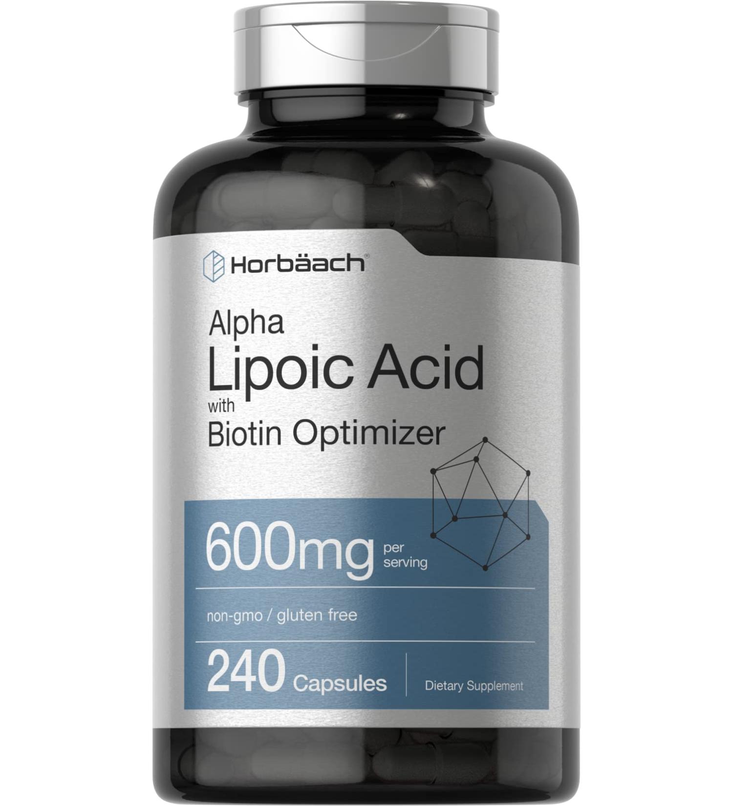 Alpha Lipoic Acid 600mg - 240 Capsules with Biotin | Non-GMO, Gluten-Free | Horbaach - Buy Online on GoSupps.com