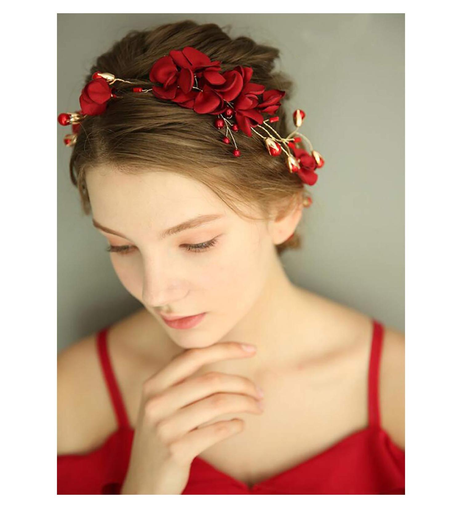 Floral Red Headband Crystal Gold Hair Vine for Wedding Bride - Boho Hair Accessory with Pearl Rhinestone Detailing - Buy Online on GoSupps.com