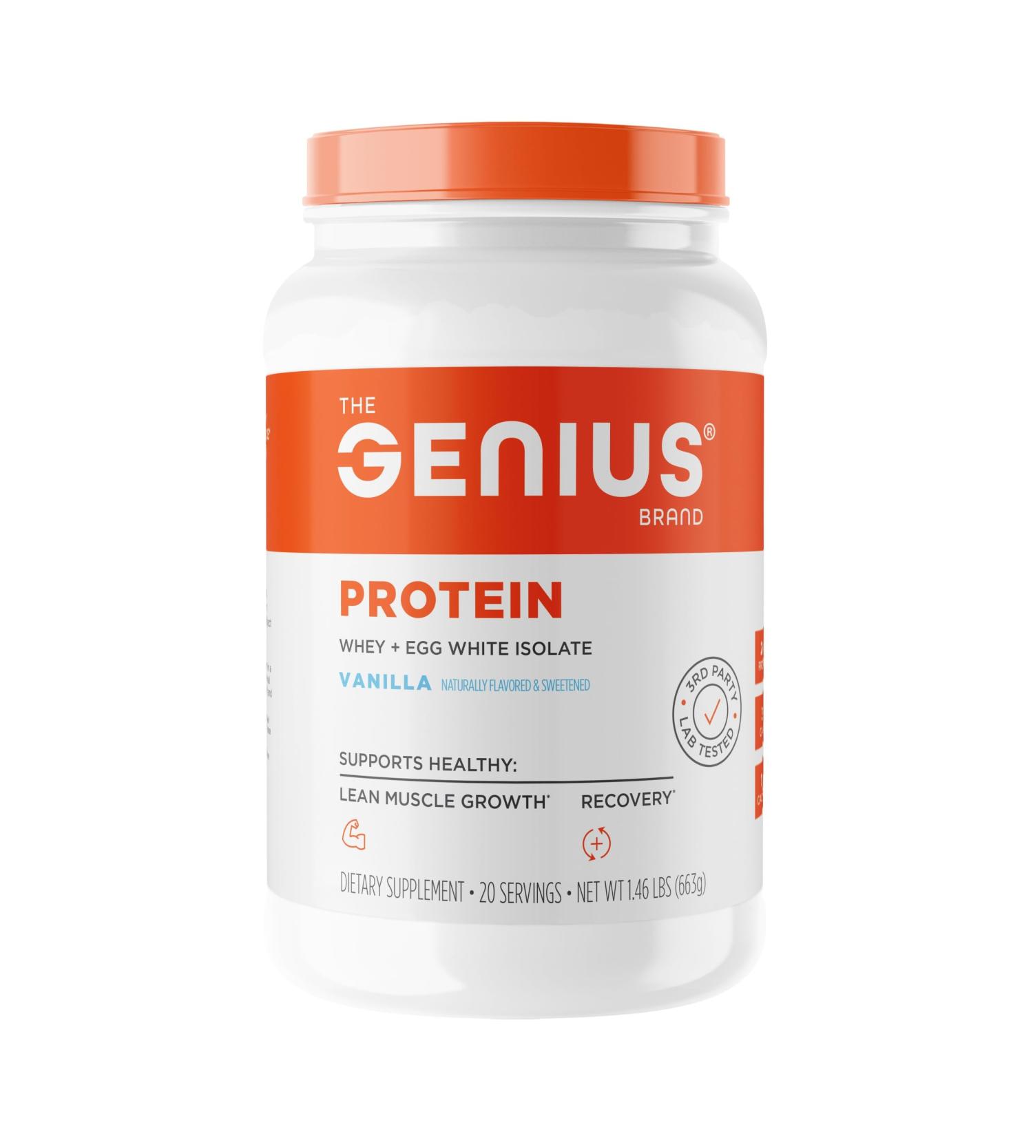 Genius Protein Powder, Vanilla - Dual Protein Blend with Improved Whey Isolate & Natural Egg White for Lean Muscle Building for Men & Women - Grass-Fed Pre & Post Workout Meal Replacement Shake Vanilla 1.39 Pound (Pack of 1) - Buy Online on GoSupps.com