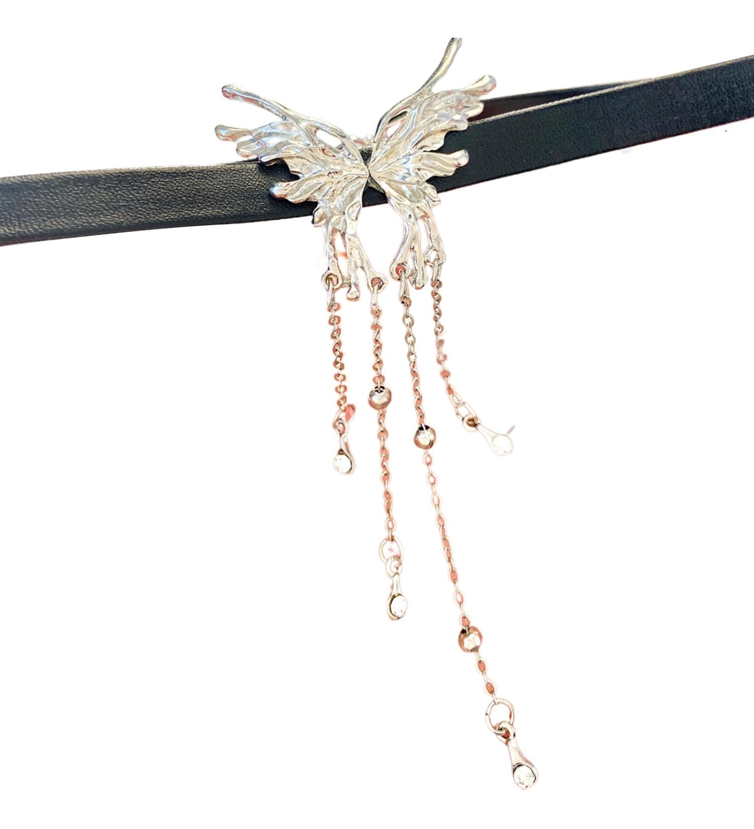 Trendy Black Leather Cable Necklace with Butterfly Trailer & Long Tassels | Oralgo - Stylish Alloy & Leather Accessory for Daily Wear - Buy Online on GoSupps.com