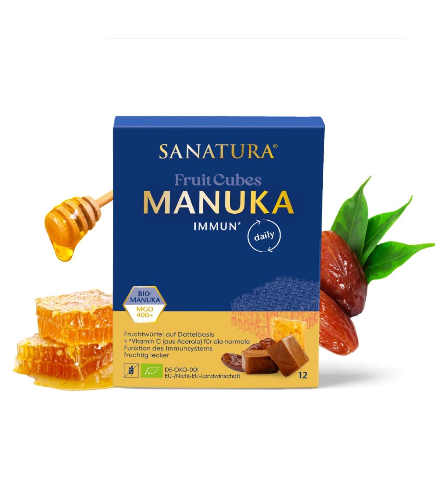  Sanatura SANATURA - Fruit Cubes Manuka Immun | Food Supplement with Manuka Honey and Vitamin C for Immune System Support Tasty Fruity Cubes made from dates and almonds - Buy Online on GoSupps.com