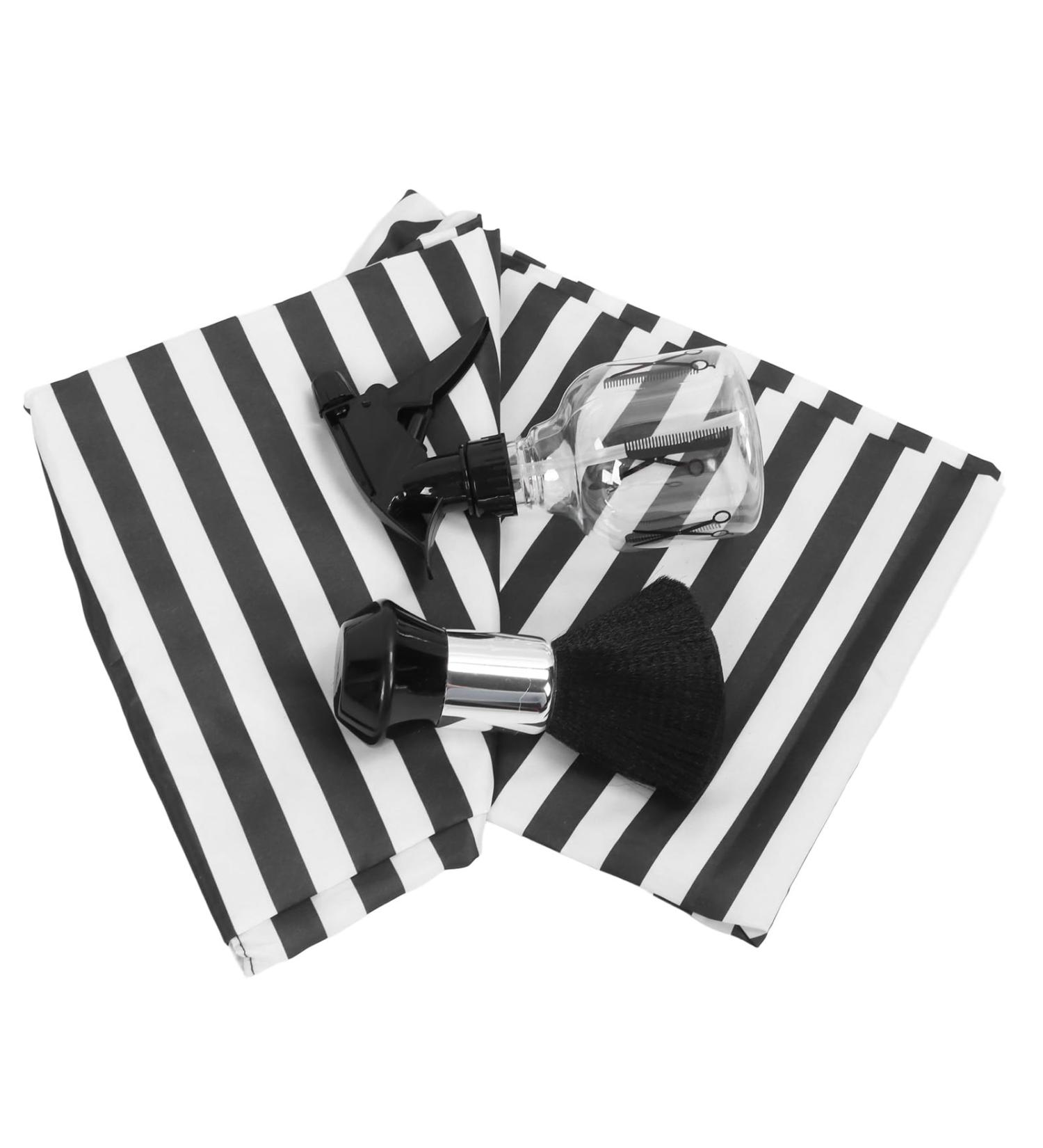 Hairdressing Cape Tool Set Transparent Water Sprayer Haircut Cape Set Nylon Neck Feather Duster Brush Complete Tool (Black White Stripe) - Buy Online on GoSupps.com