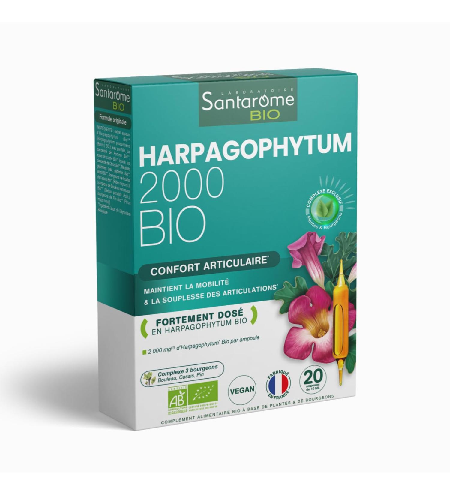 Harpagophytum Bio 2000 - Painful joints Flexibility Mobility - Highly dosed food supplement - 2000mg/day - 20 ampoules - Made In France - Vegan - Santarome Bio - Buy Online on GoSupps.com