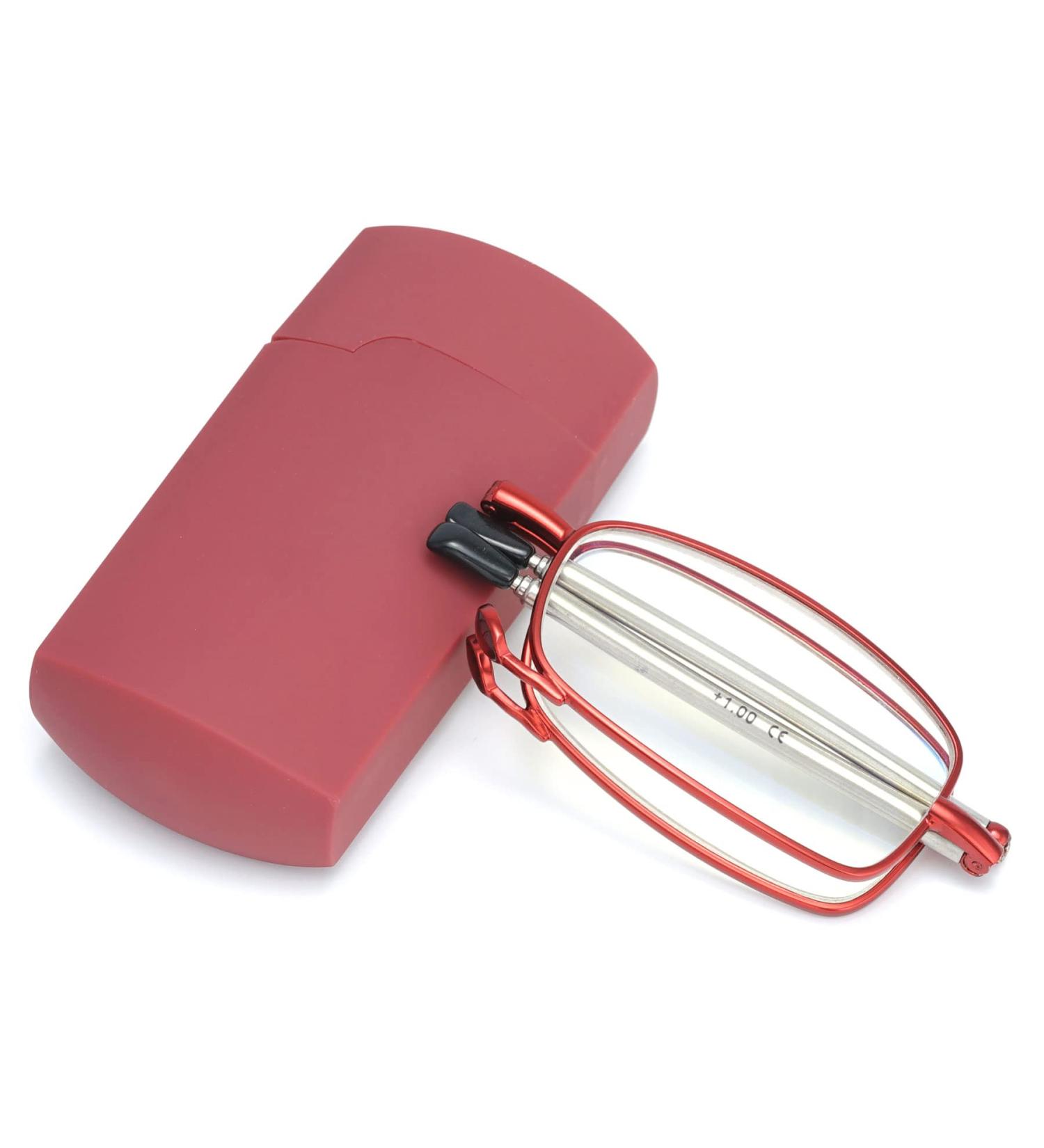 LANOMI Folding Reading Glasses - Mini Metal Blue Light Filter for Women & Men Compact with Case 1.75 Diopters - Red - Buy Online on GoSupps.com