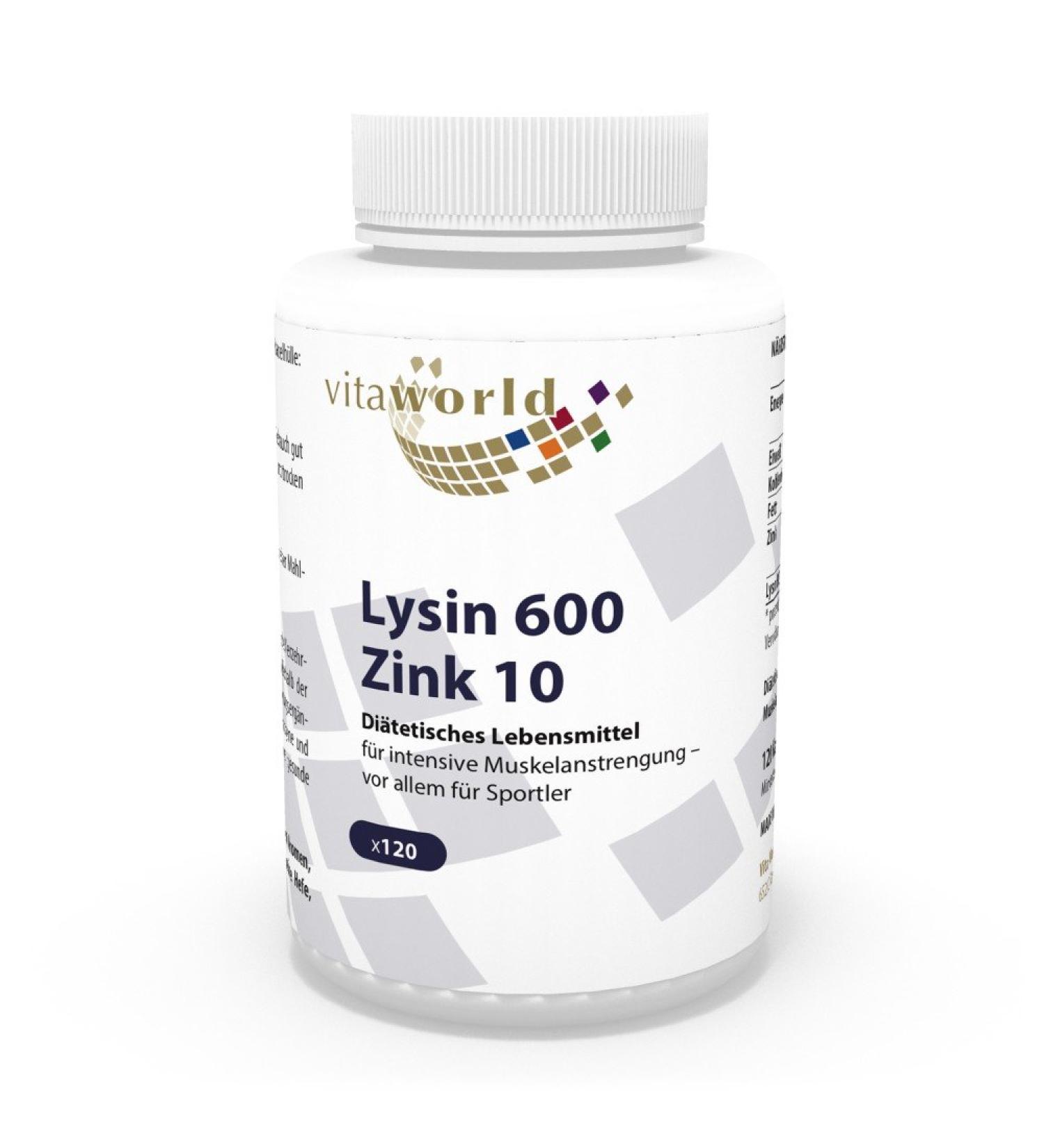 Vita World L-Lysine 600mg + Zinc 120 Vegetarian Capsules Made in Germany