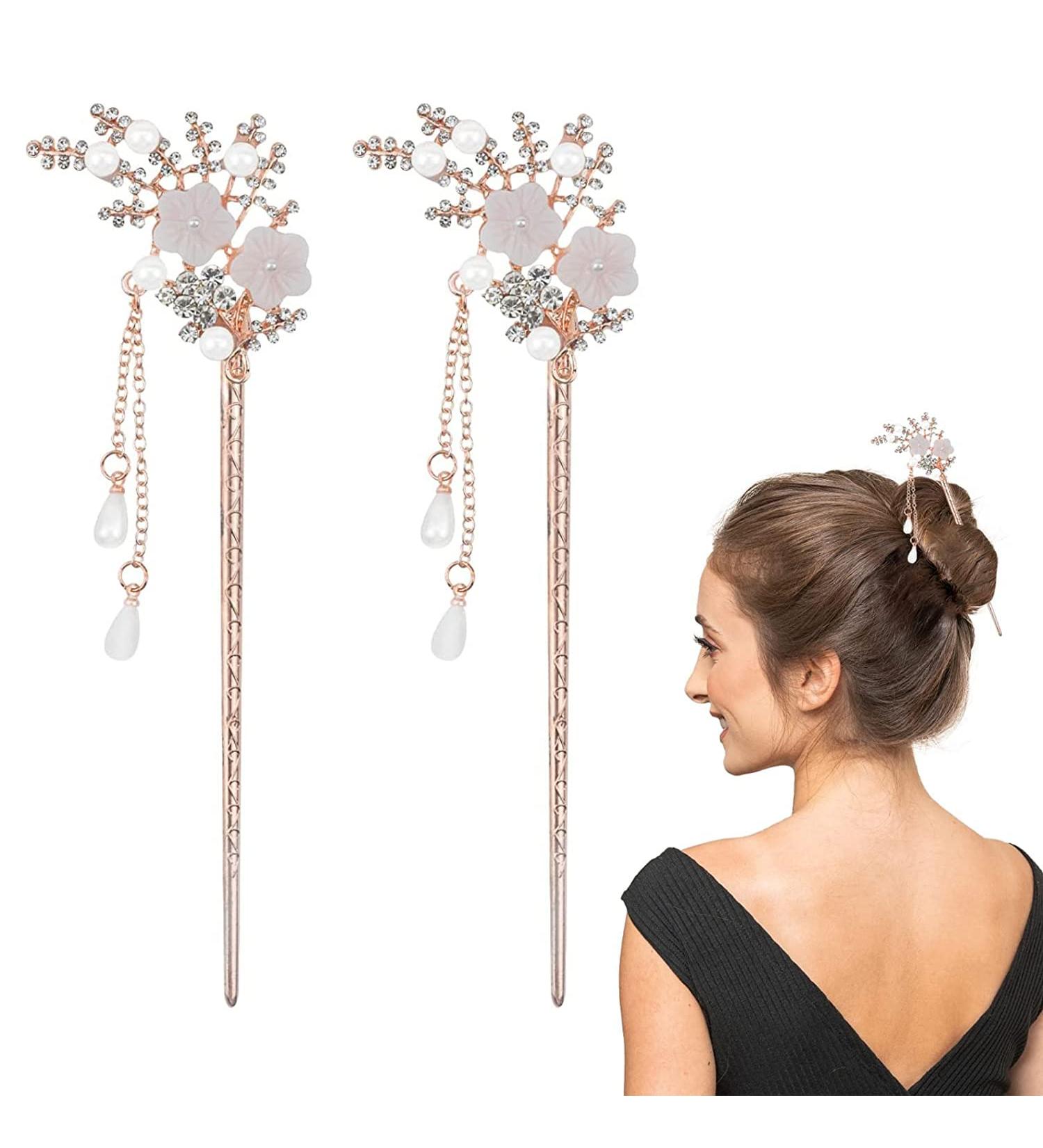 Vintage Rhinestone Pearl Flower Hair Chopsticks - 2 Pcs Chinese Hairpins for Stylish Updos & Hair Accessories - Buy Online on GoSupps.com