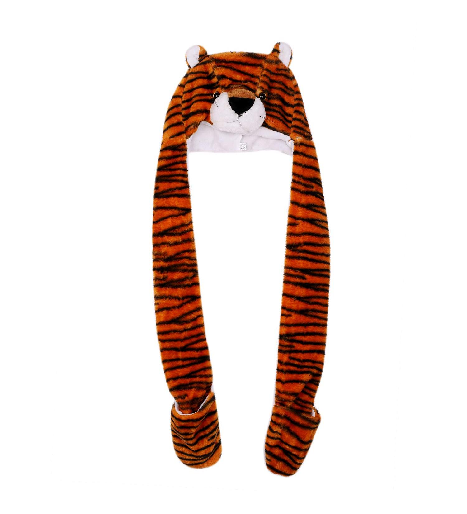 IBLUELOVER Kids Winter Hat Gloves Scarf Set - Brown Tiger Cartoon Animal Hooded 3-in-1 Faux Fur Party Hat & Gloves with Pockets - Buy Online on GoSupps.com