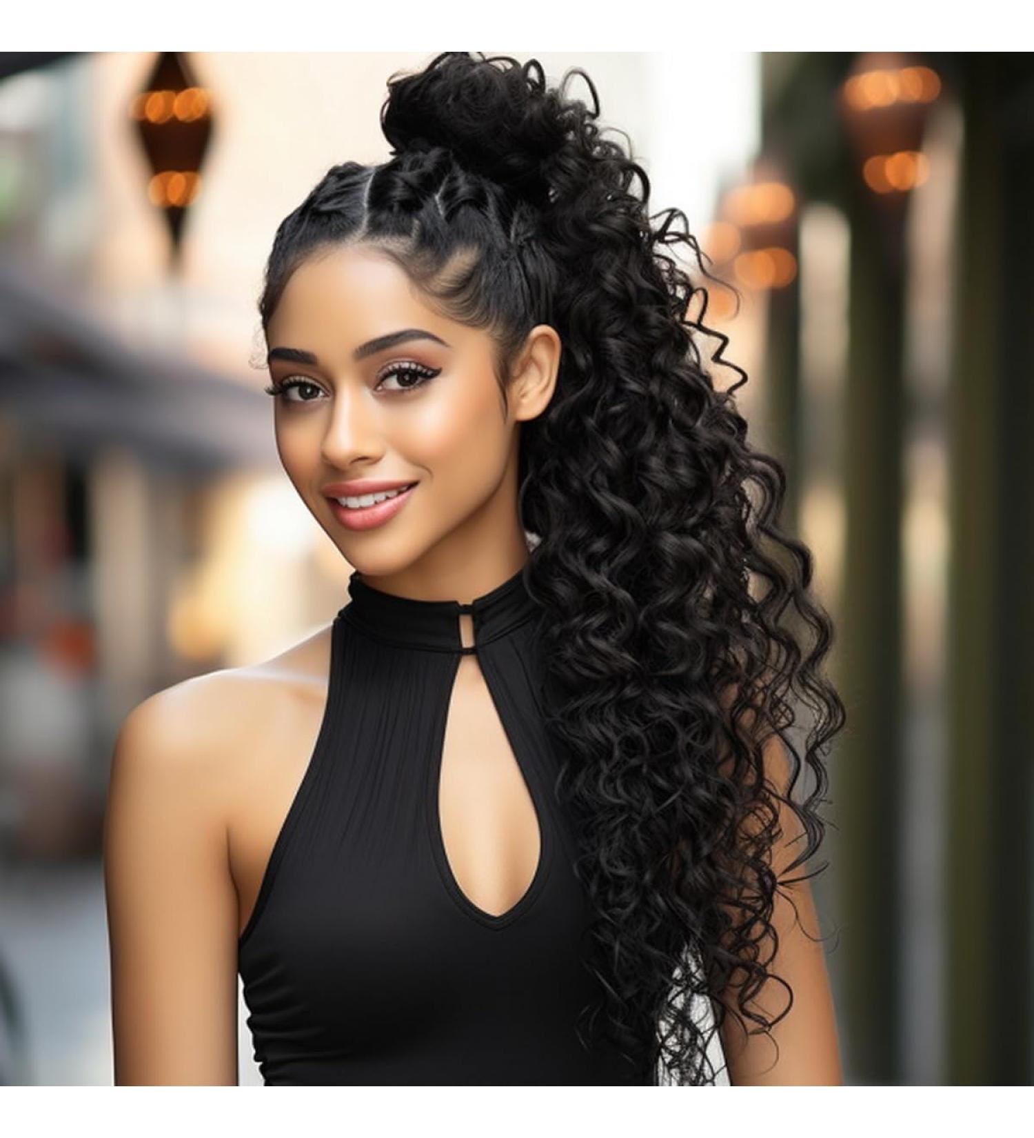 BERRYLION Ponytail Hair Extension Water Wave Ponytail Extension|Synthetic Pony Tails Extensions|Curly Ponytail Extension 24 Inch-Black Water Wave Black - Buy Online on GoSupps.com