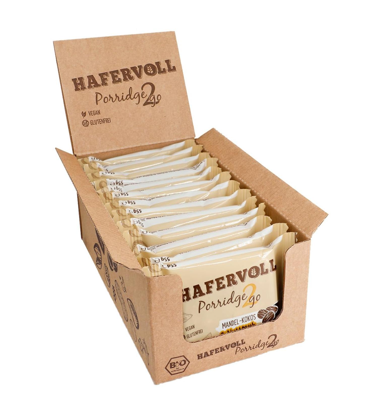 Hafer Porridge2go Mandel-Kokos & Nussmus | Vegan Organic Gluten-Free Snack | 13 x 55g Bars with Oats Dates & Quinoa Puffs - Buy Online on GoSupps.com