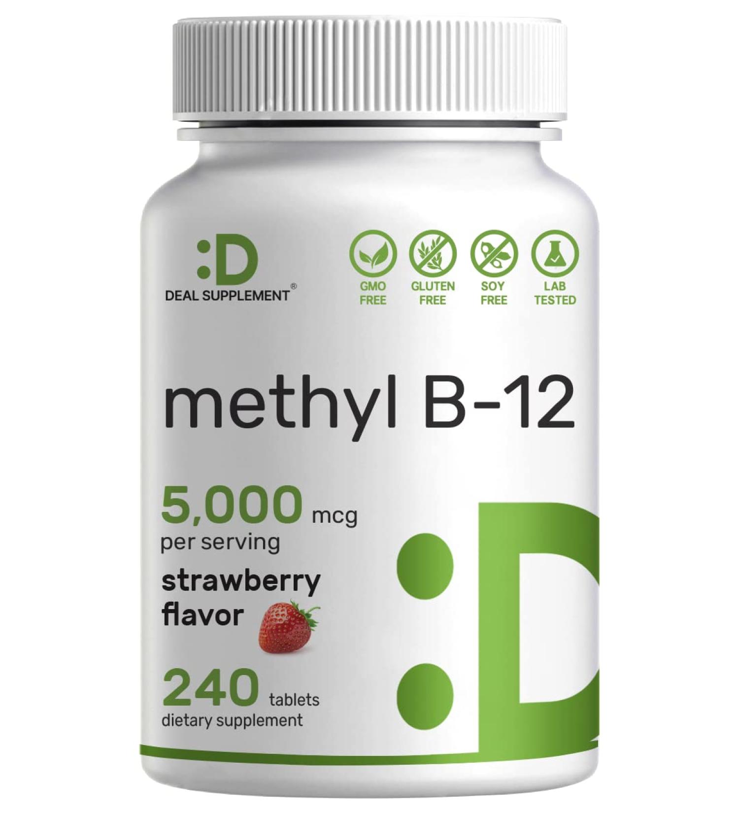 DEAL SUPPLEMENT Methyl B-12 Vitamins 5000mcg 240 Chewable Tablets | Strawberry Flavored for Energy & Brain Health | Vegetarian & GMO Free - Buy Online on GoSupps.com