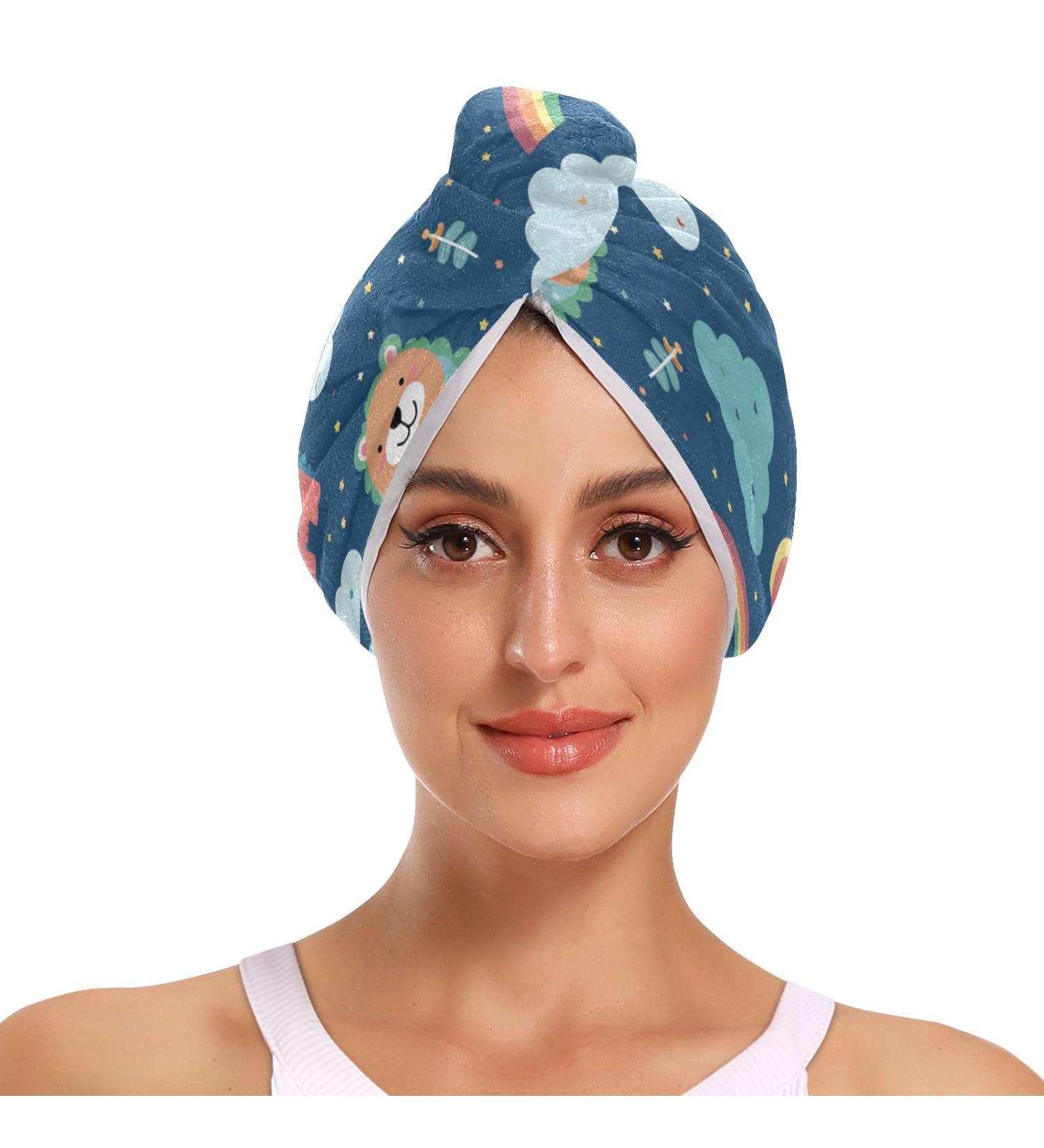 Rainbow Clouds Bears Hair Towel 2 Pack | Super Absorbent Quick Dry Hair Turbans for Women & Girls - Buy Online on GoSupps.com