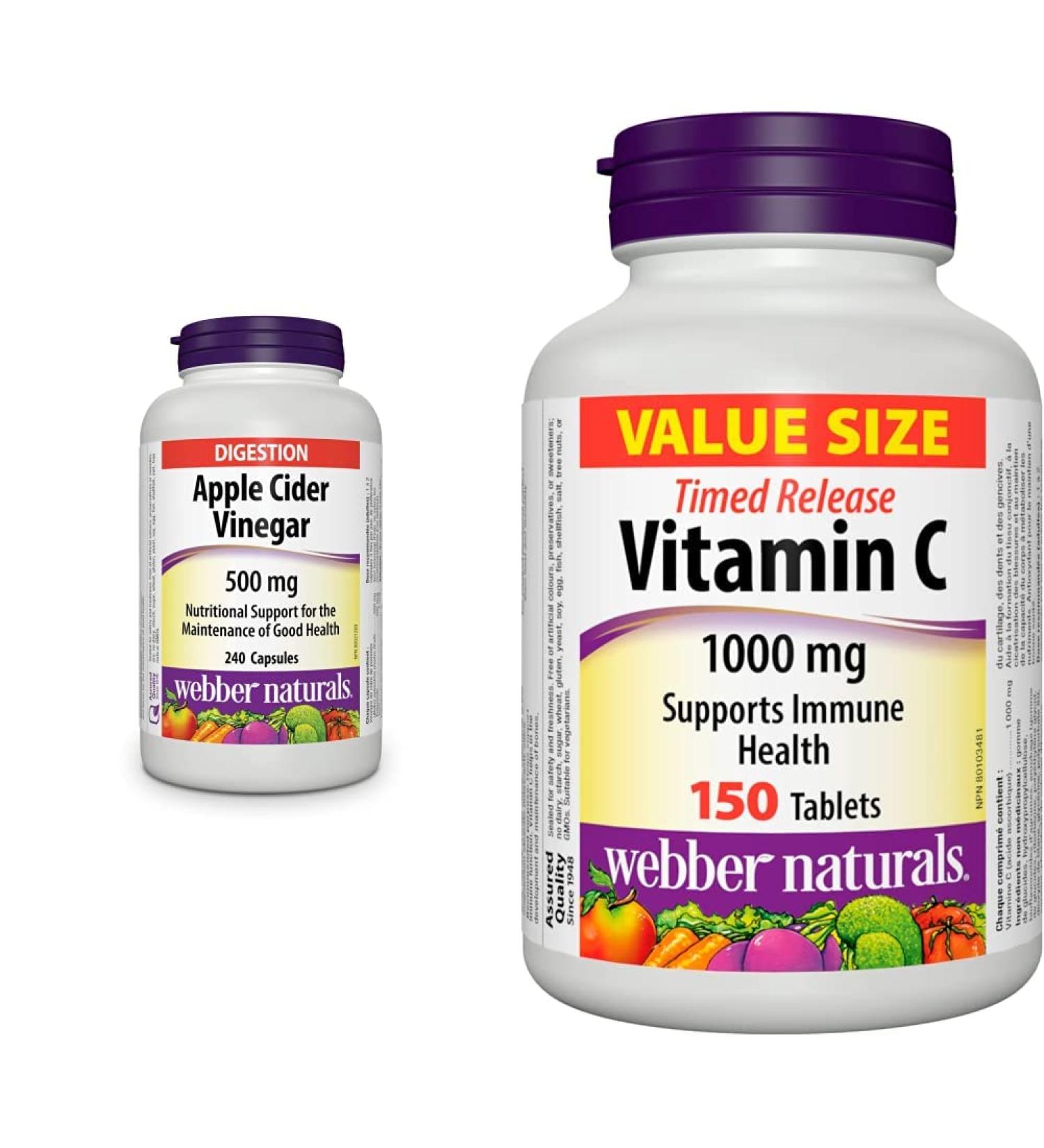 Webber Naturals Apple Cider Vinegar Capsules 500 mg 240 Count & Vitamin C Timed Release 1 000 mg 150 Tablets For Bones Teeth Immune and Antioxidant Health Vegetarian - Buy Online on GoSupps.com