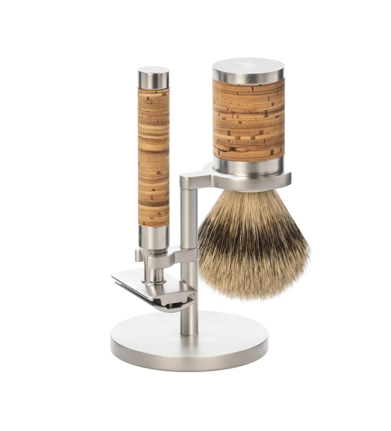 M HLE Rocca Shaving Set - Silvertip Badger Brush Safety Razor & Holder - Birch Bark & Stainless Steel - Buy Online on GoSupps.com