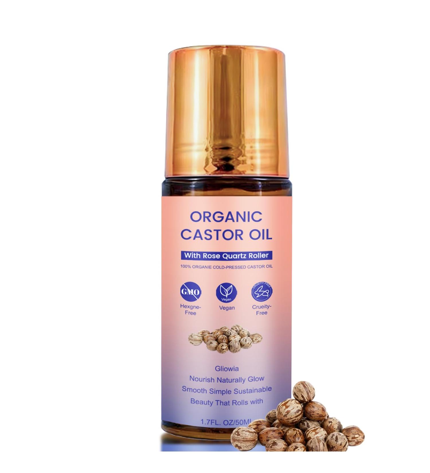 Organic Castor Oil Roller with Rose Quartz | All-Natural Hexane-Free | Cold-Pressed Suitable for Skin Eyebrows and Eyelashes | Sleek Glass Bottle | 50ml (1) - Buy Online on GoSupps.com