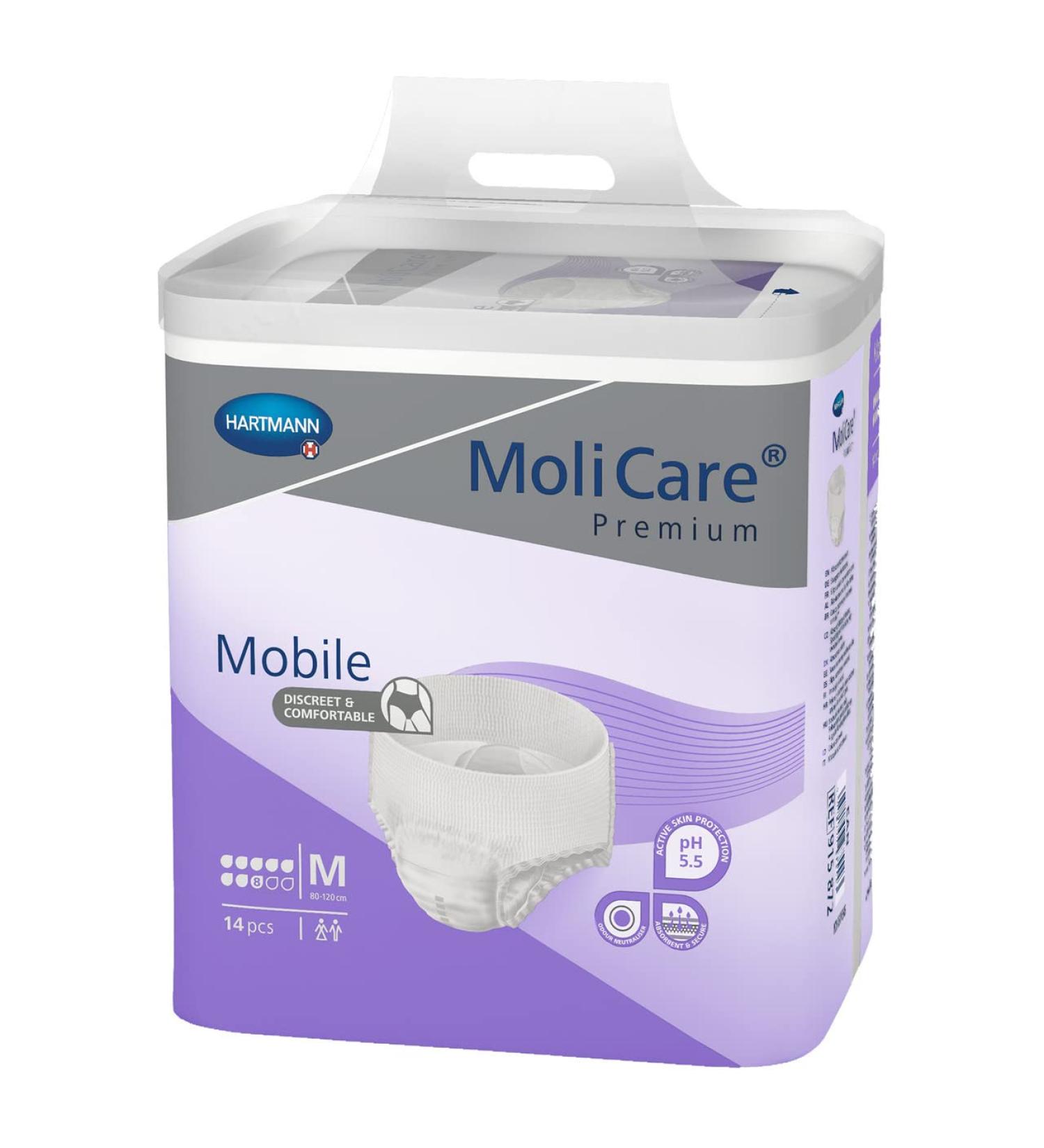Molicare Premium Mobile disposable pants: discrete use in incontinence for women and men 8 drops size.M (80-120 cm hip circumference) 14 pieces 8 drops M (14 pieces) 14 pieces