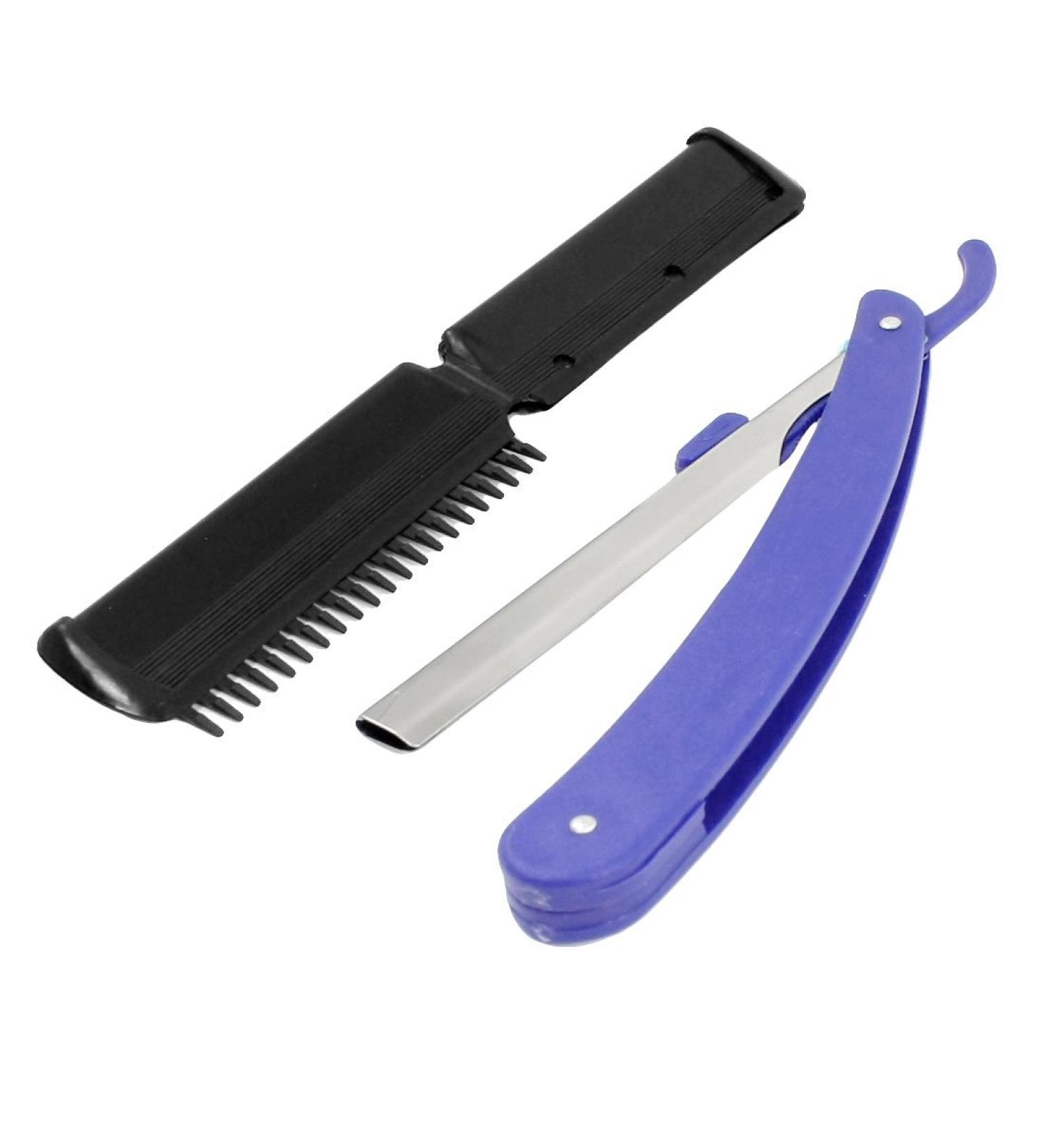 Ruilogod Blue Plastic Handle Blade Folded Beauty Hair Razor Black Comb Trimmer Holder