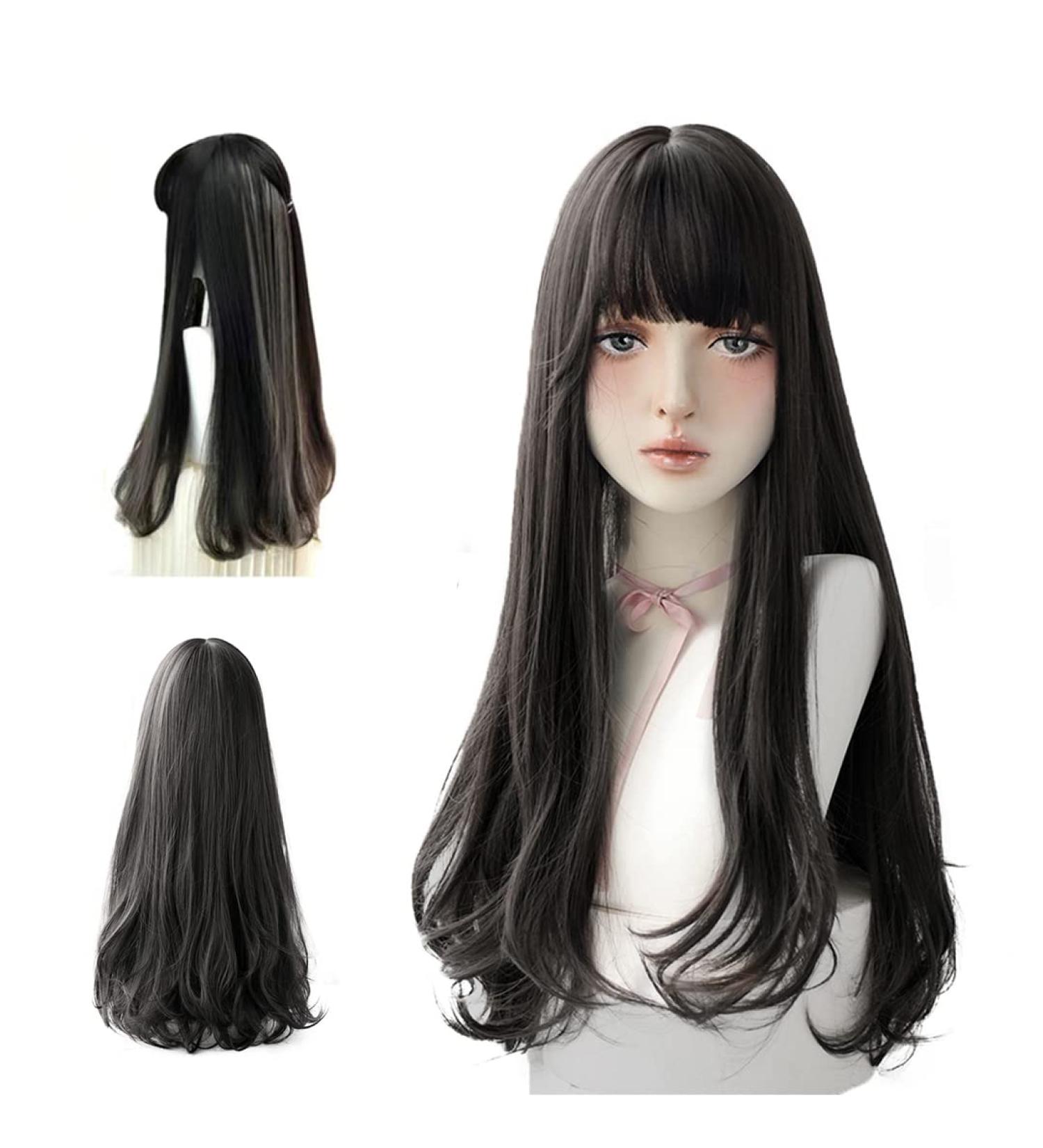 Long Black Wig with Bangs for Women - 25 inch Natural Hair Cosplay Wig - Buy Online on GoSupps.com