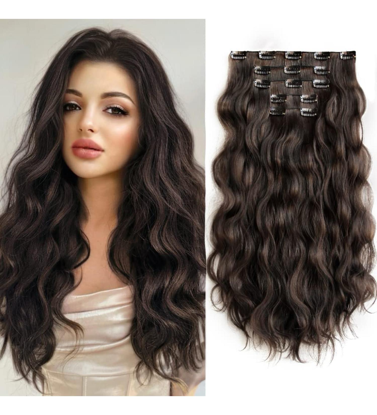 Dark Brown Wavy Clip-in Hair Extensions - 18 Synthetic Thick Hair Piece for Women - 5PCS Set (Blonde, Curly, Straight) - Long 22 - Natural Full Head - 4# Darkest Brown - Buy Online on GoSupps.com