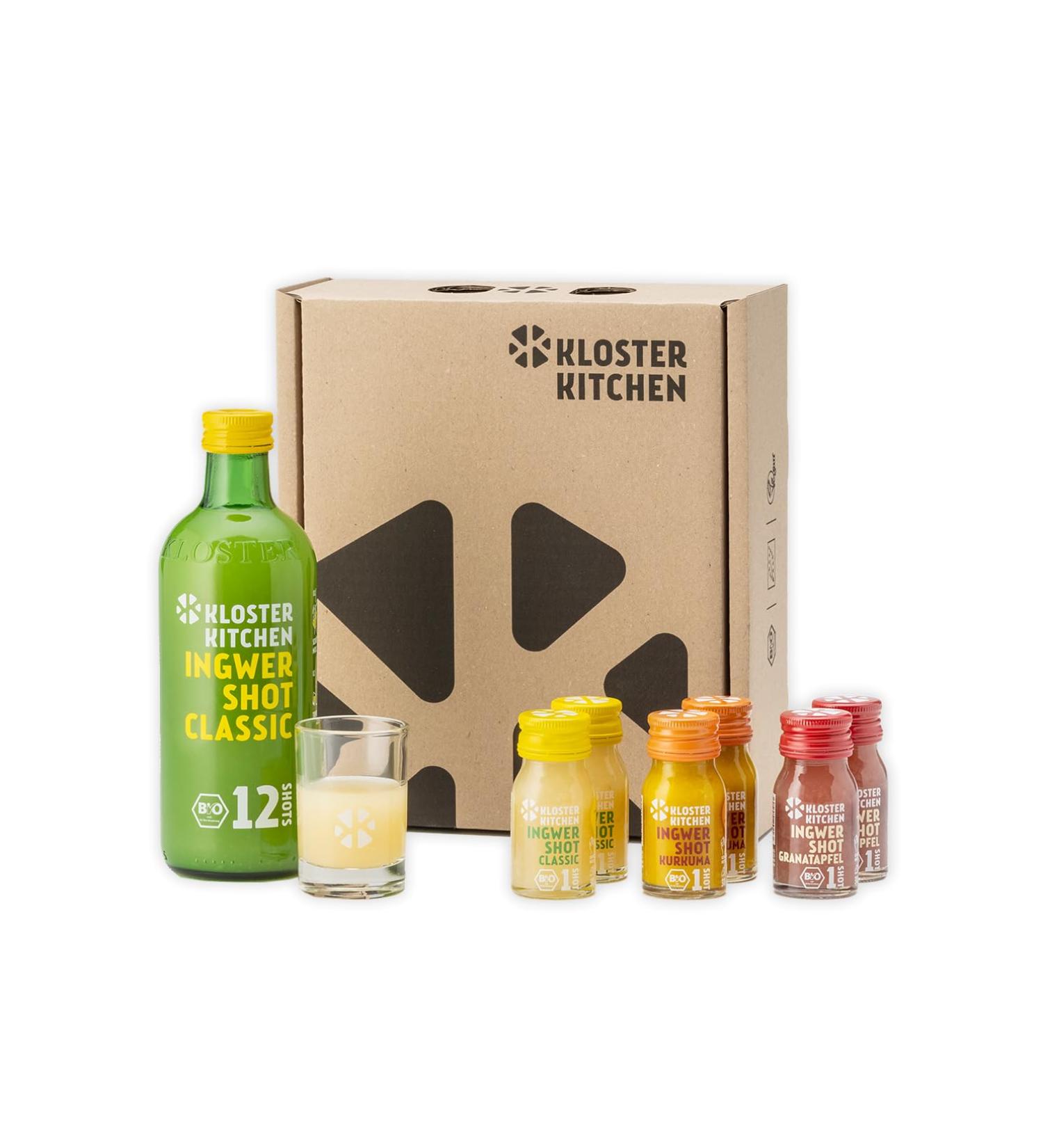 Kloster Kitchen Ginger Tasting Kit SI Size 1 x 360 ml + 6 x 30 ml with real ginger pieces I Organic vegan shot gift set I sweet spicy and with natural sweetness - Buy Online on GoSupps.com