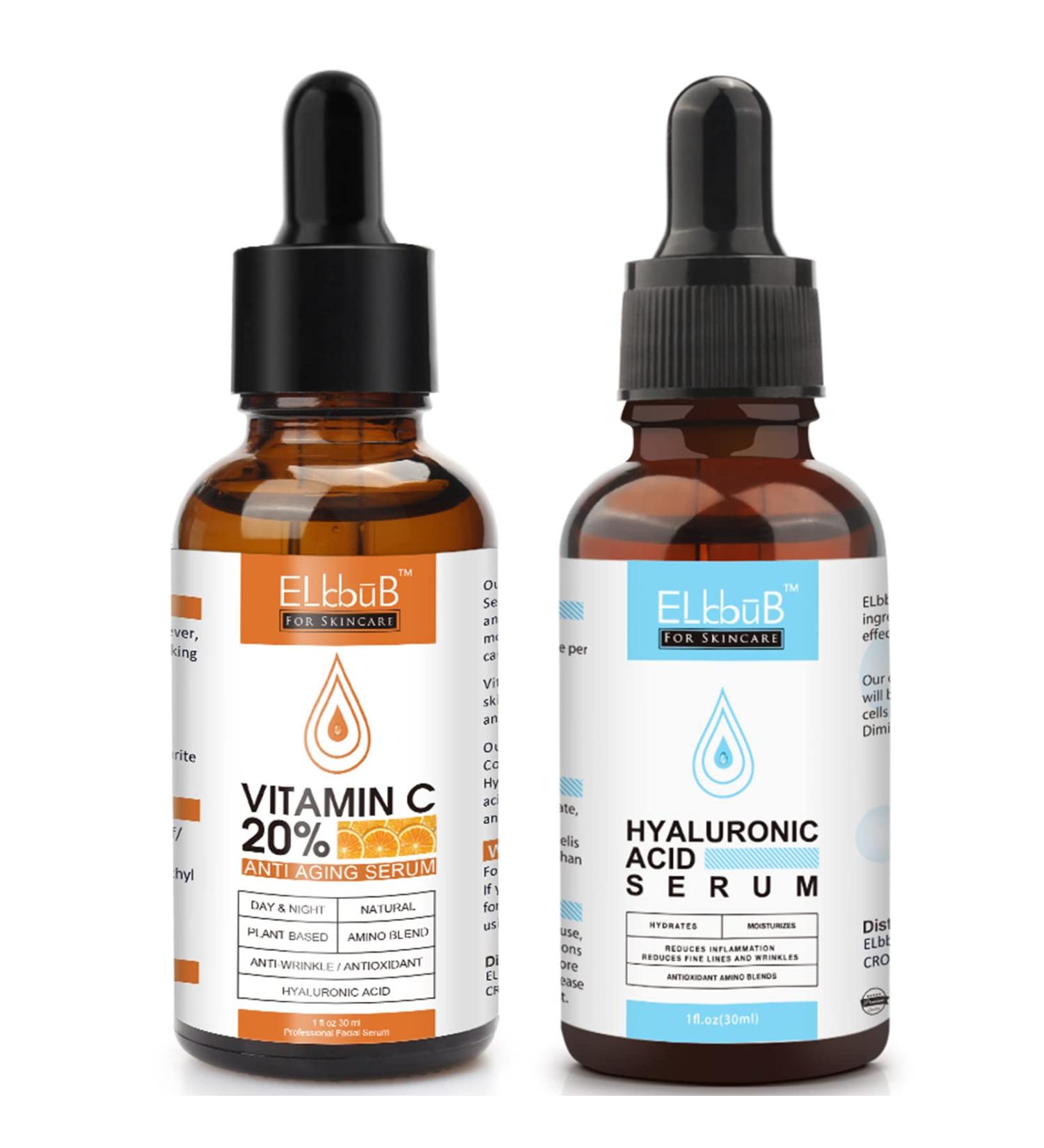 ELBBUB Anti Aging Vitamin C Serum and Hyaluronic Acid Set - Boost Collagen, Hydrate, and Plump Skin - Wrinkle-Fighting Facial Serum - Buy Online on GoSupps.com