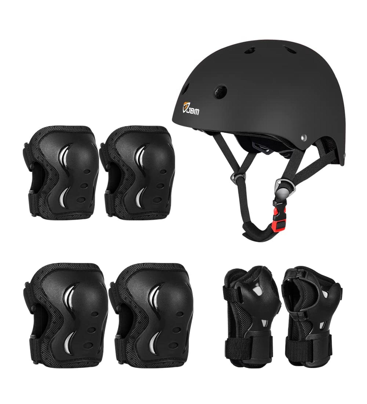 JBM Youth Adult Full Protective Gear Set Black Large 7 Piece Multi Sport Helmet Knee Pads Elbow Pads Wrist Guards Full Protection for 14 Years and Above
