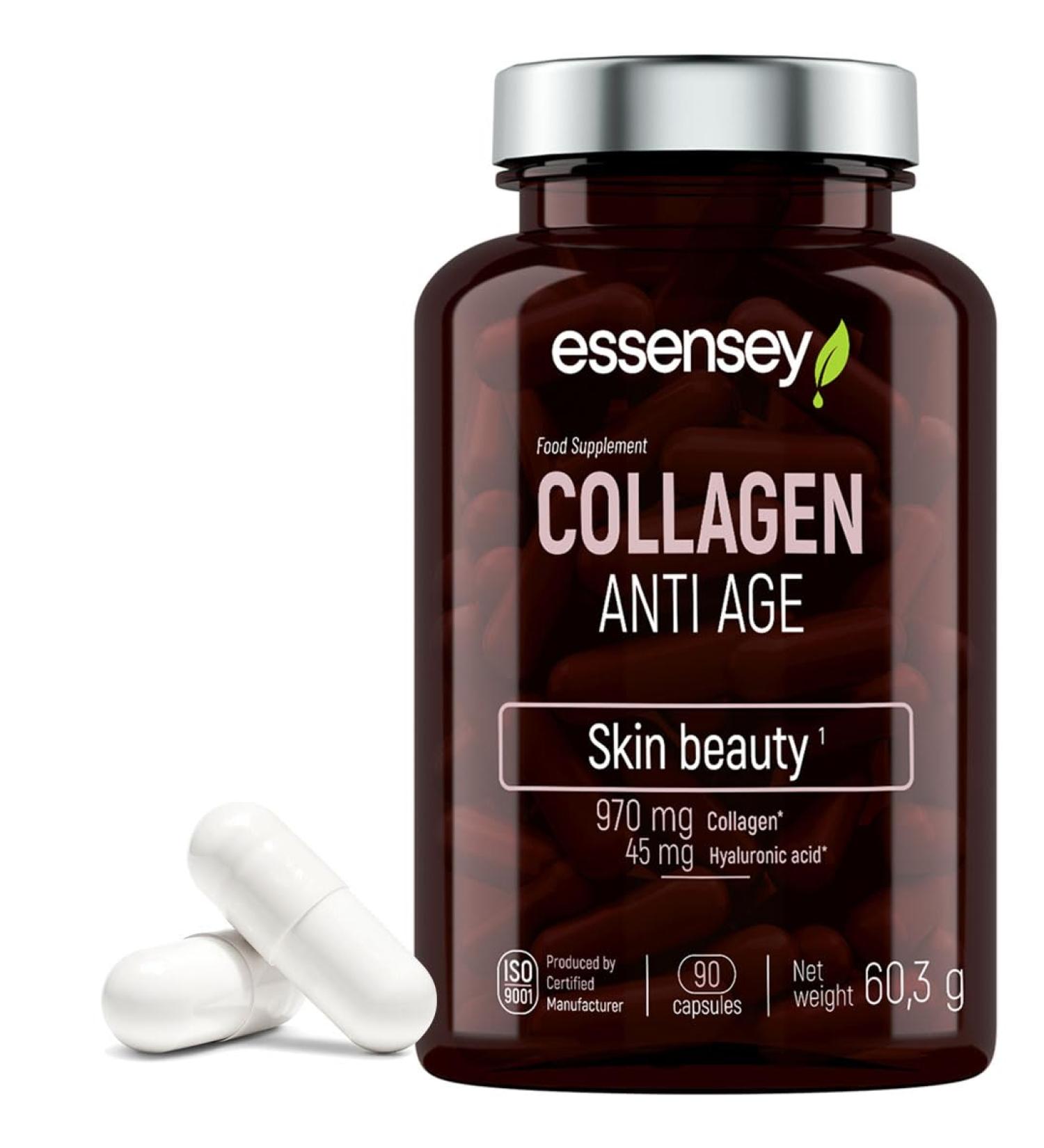  ESSENSEY ESSENSEY - Collagen | 970 mg per recommended daily dose | 90 capsules | 45 mg of hyaluronic acid per recommended daily dose | Type I SOLUGEL Collagen | 45 daily doses | Easy to - Buy Online on GoSupps.com