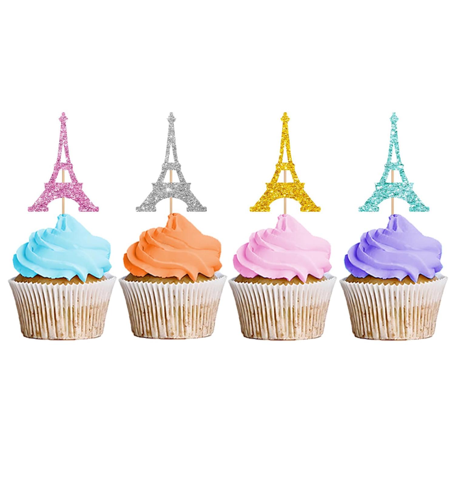 Eiffel Tower Cupcake Toppers Wedding Party Decor Bridal Shower Dessert Cupcake Toppers Paris Themed Birthday Party Decoration - Pink & Sliver & Blue & Gold Glitter - Buy Online on GoSupps.com