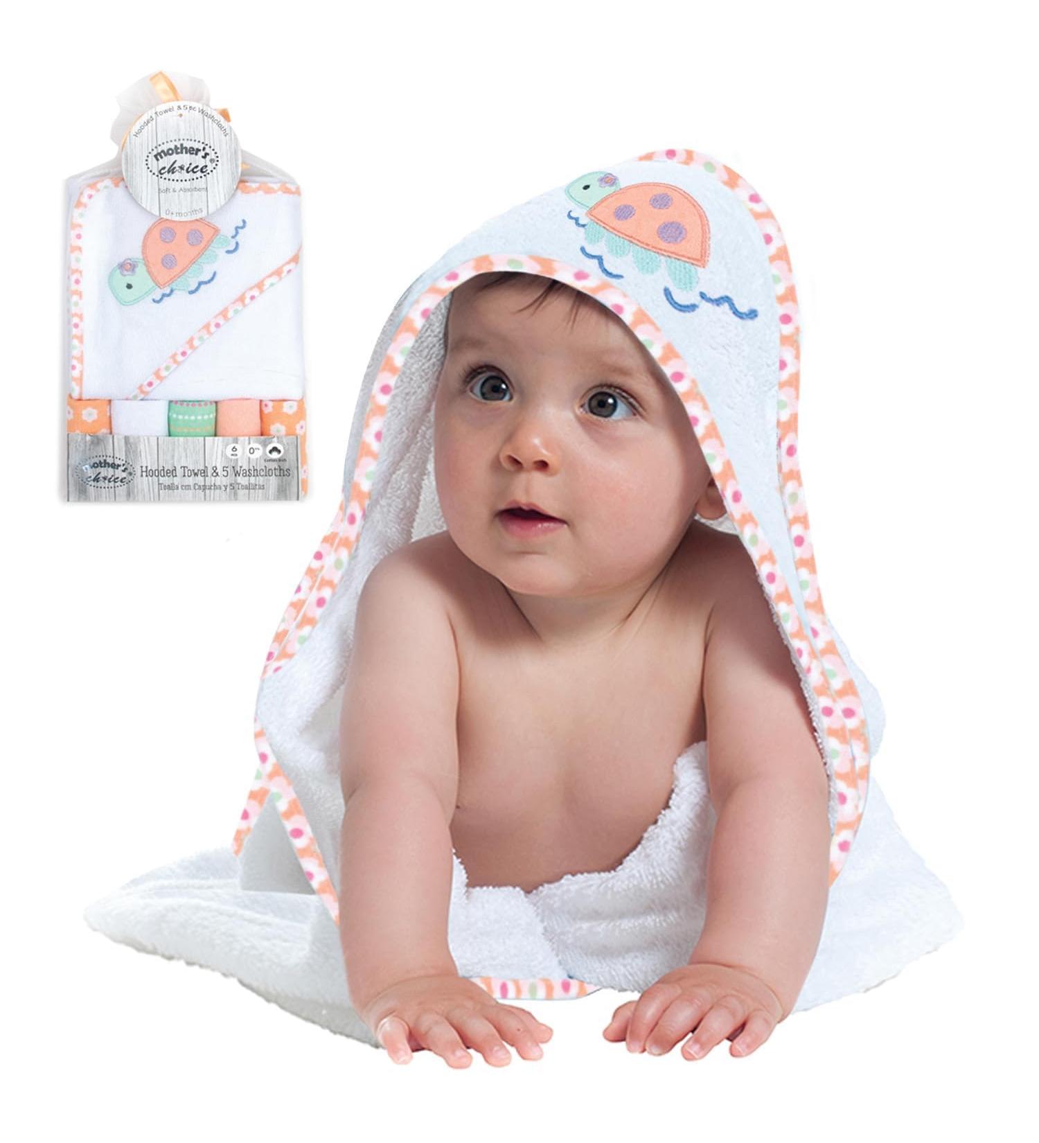 Mother's Choice Hooded Baby Towel Set with 5 Face Cloths | Lightweight Cotton Rich Absorbent | Large 75x75cm Baby Bath Towel for Newborn Boys and Girls | Turtle Design - Buy Online on GoSupps.com