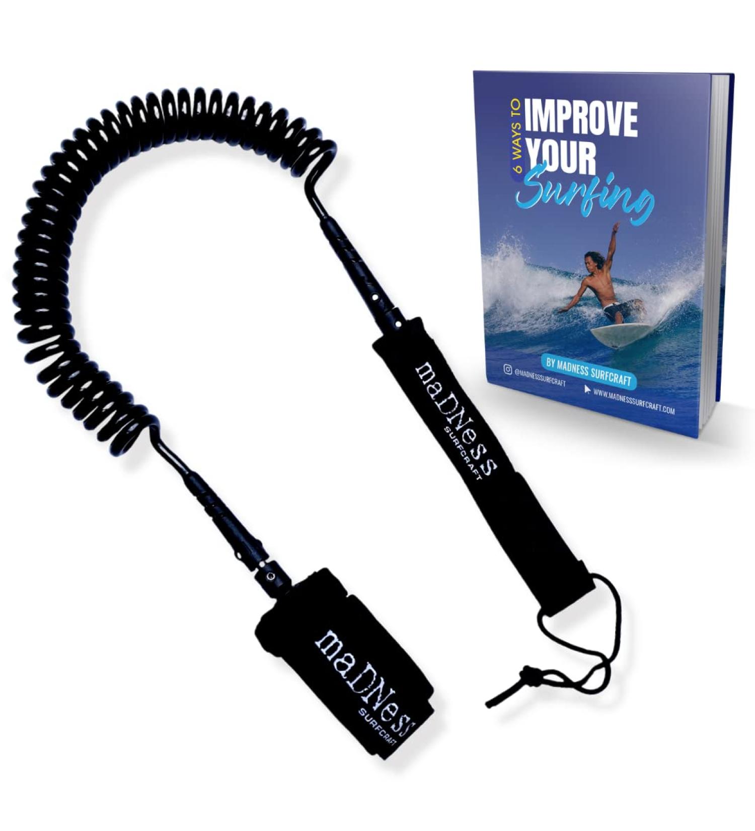 Madness Surfcraft Premium Coil SUP Leash - 10ft Coiled Paddle Board Leash | 7mm Thick Legrope Strap | For Stand-up Paddleboard, Longboard, iSUP | Improve Your Surfing with eBook - Buy Online on GoSupps.com