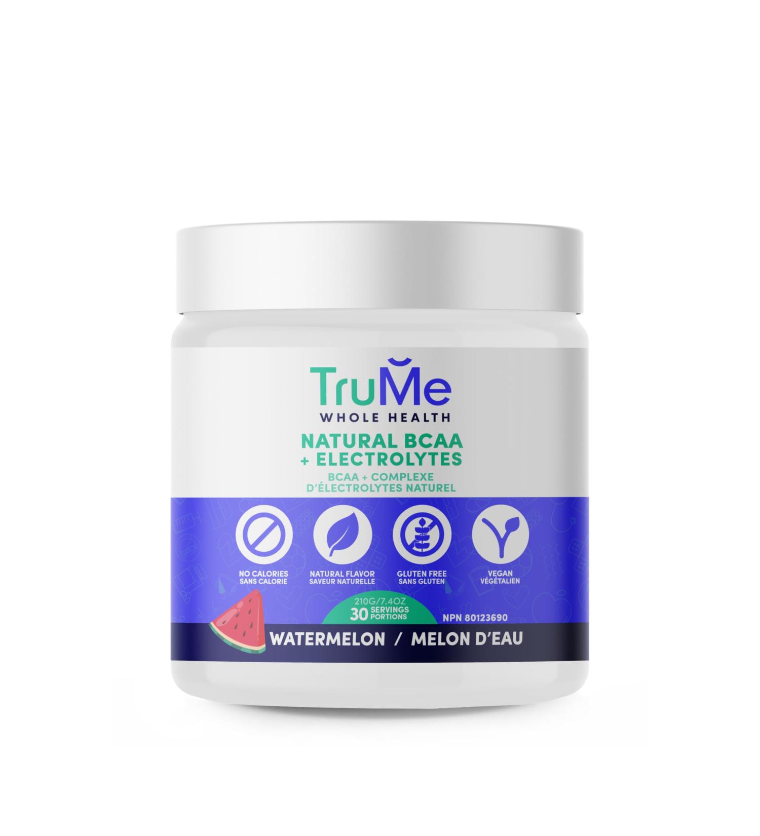 TruMe Natural BCAA Powder with Electrolytes - Vegan Sour Watermelon Post Workout Supplement - Sugar & Gluten Free - Muscle Recovery & Hydration - 30 Servings - Buy Online on GoSupps.com